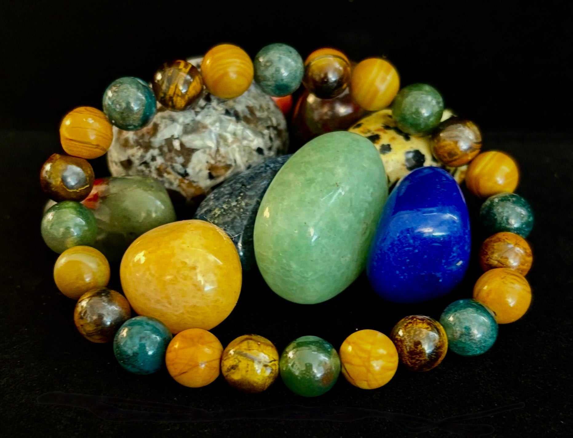 Moss Agate, Yellow Tiger Eye & Wood Jasper Bracelet – 8mm Beads for Large Wrists | | Wiccan Center