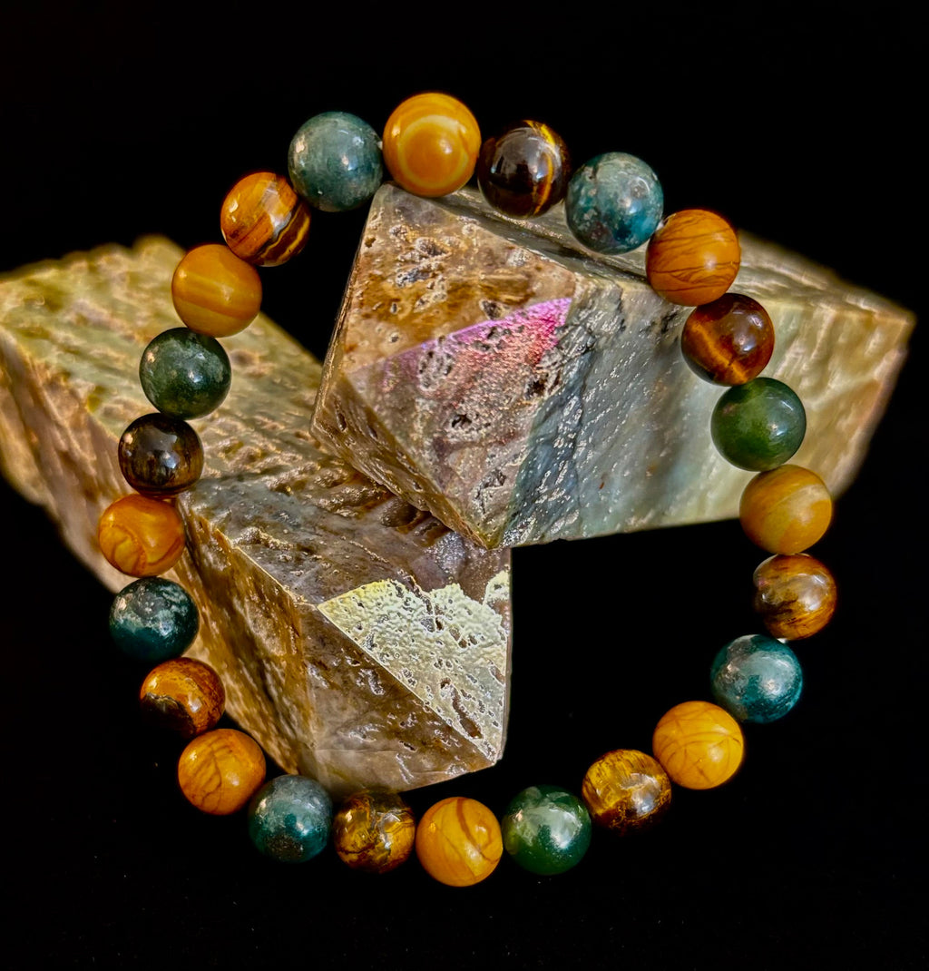 Moss Agate, Yellow Tiger Eye & Wood Jasper Bracelet – 8mm Beads for Large Wrists | | Wiccan Center