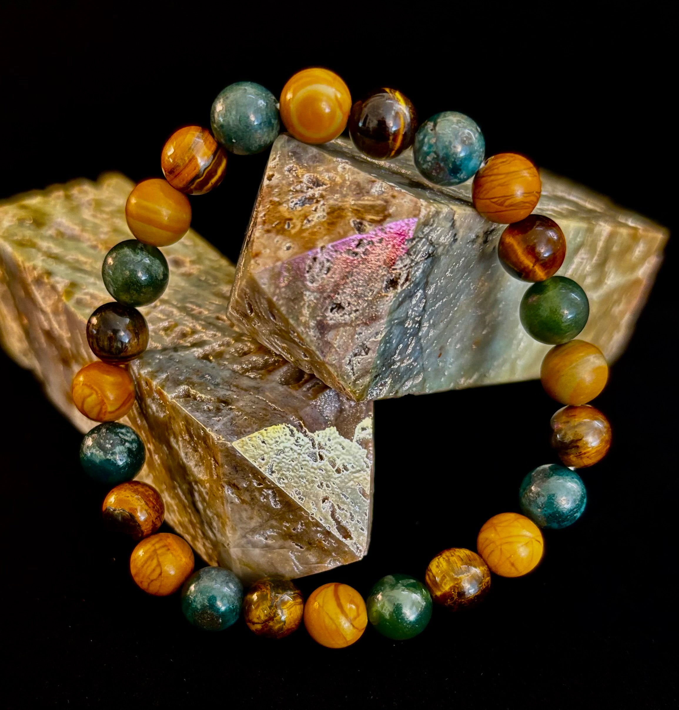Moss Agate, Yellow Tiger Eye & Wood Jasper Bracelet – 8mm Beads for Large Wrists | | Wiccan Center