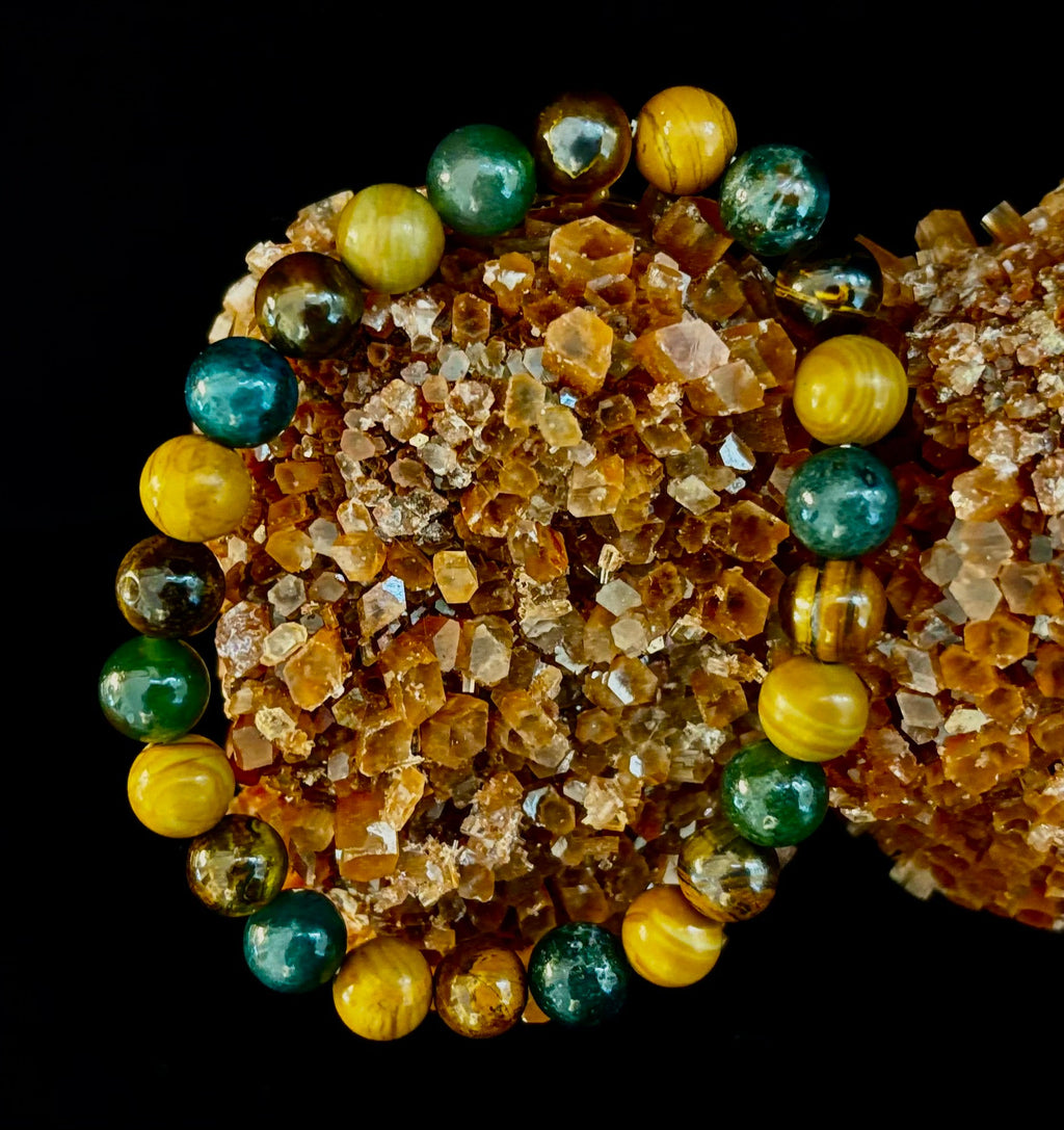 Moss Agate, Yellow Tiger Eye & Wood Jasper Bracelet – 8mm Beads for Large Wrists | | Wiccan Center