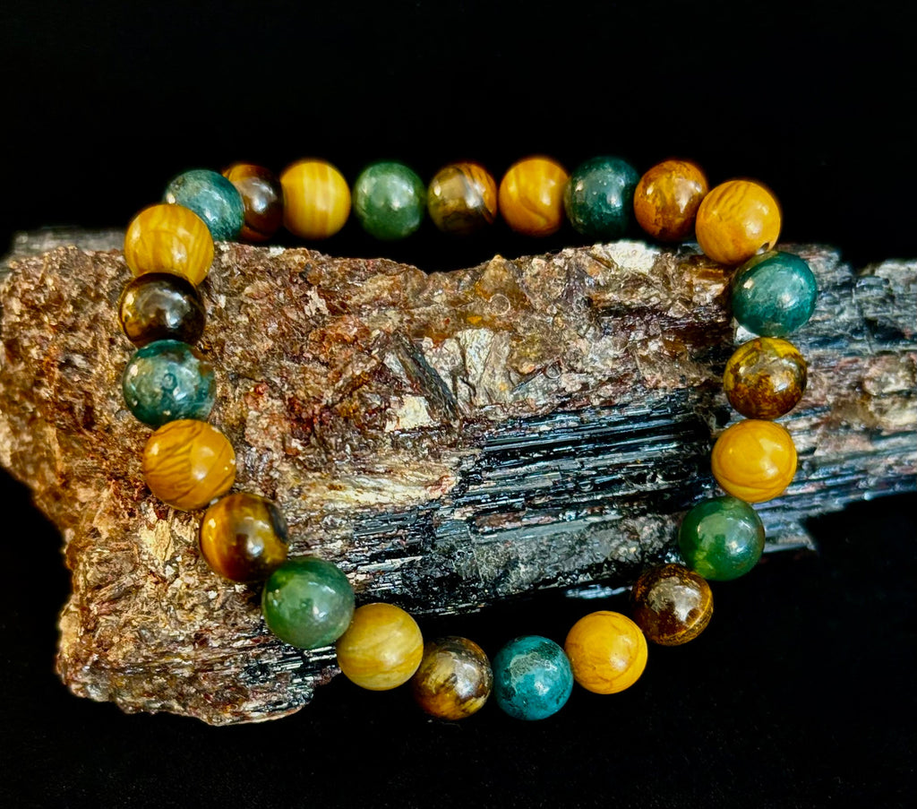 Moss Agate, Yellow Tiger Eye & Wood Jasper Bracelet – 8mm Beads for Large Wrists | | Wiccan Center