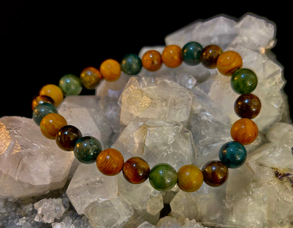 Moss Agate, Yellow Tiger Eye & Wood Jasper Bracelet – 8mm Beads for Large Wrists | | Wiccan Center