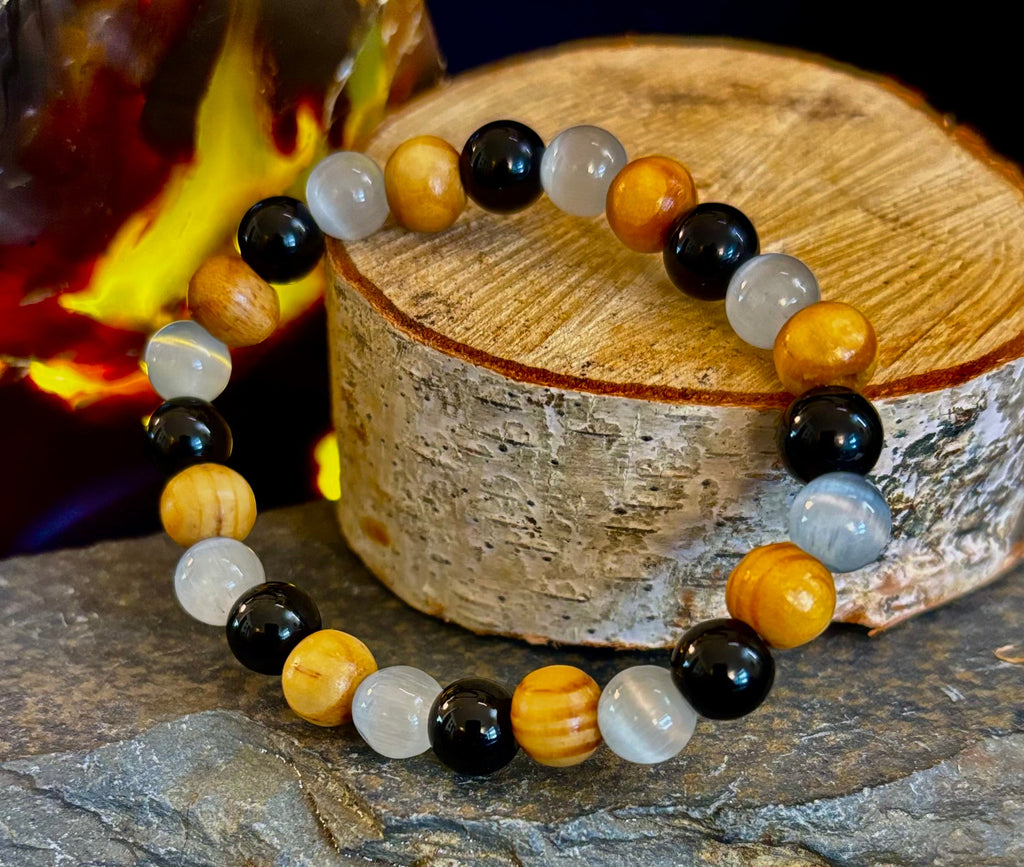 Selenite, Black Tourmaline & Palo Santo Bracelet – Protection & Cleansing for Small Wrists | | Wiccan Center