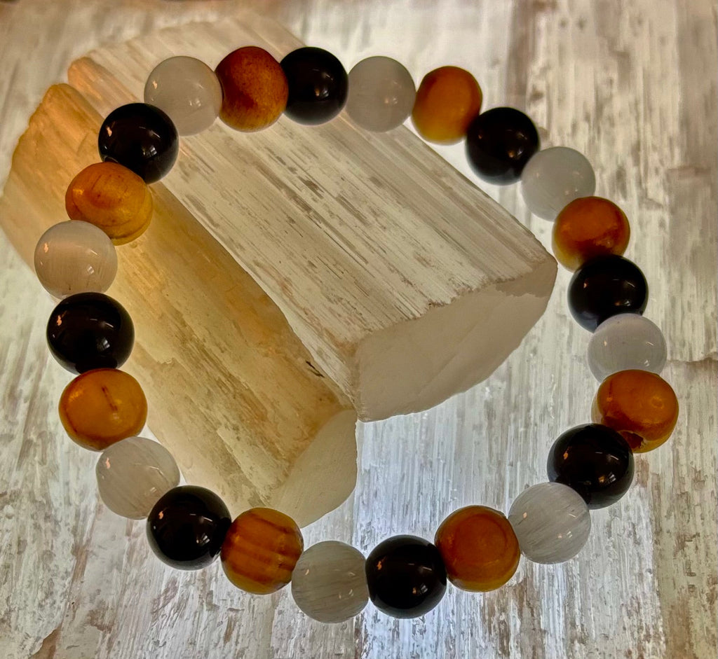 Selenite, Black Tourmaline & Palo Santo Bracelet – Protection & Cleansing for Small Wrists | | Wiccan Center