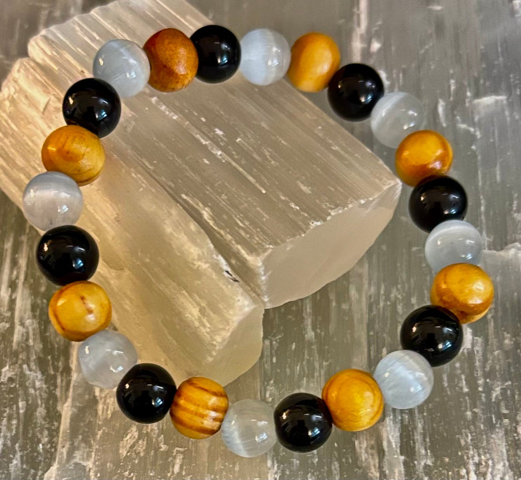 Selenite, Black Tourmaline & Palo Santo Bracelet – Protection & Cleansing for Small Wrists | | Wiccan Center