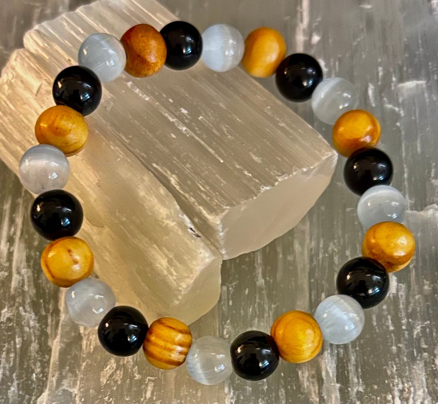 Selenite, Black Tourmaline & Palo Santo Bracelet – Protection & Cleansing for Small Wrists | | Wiccan Center