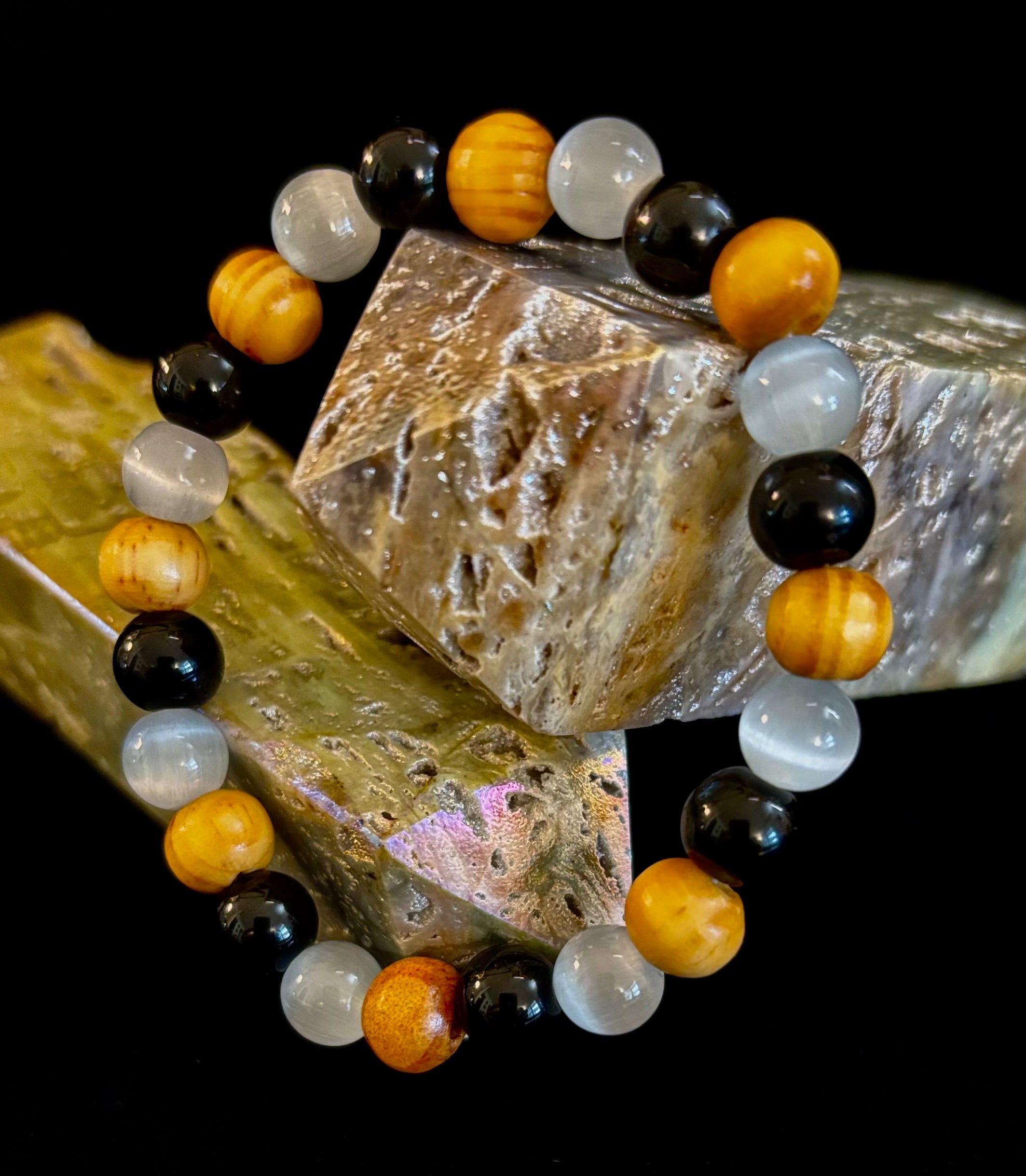 Selenite, Black Tourmaline & Palo Santo Bracelet – Protection & Cleansing for Small Wrists | | Wiccan Center