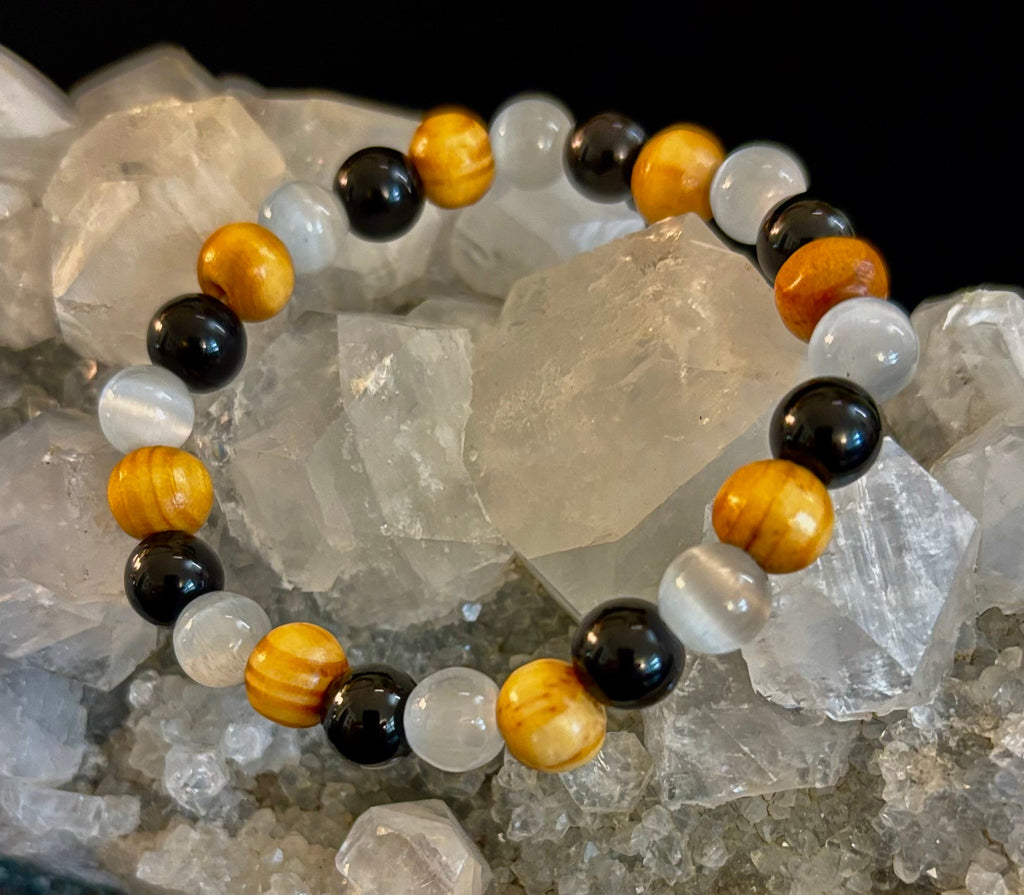 Selenite, Black Tourmaline & Palo Santo Bracelet – Protection & Cleansing for Small Wrists | | Wiccan Center