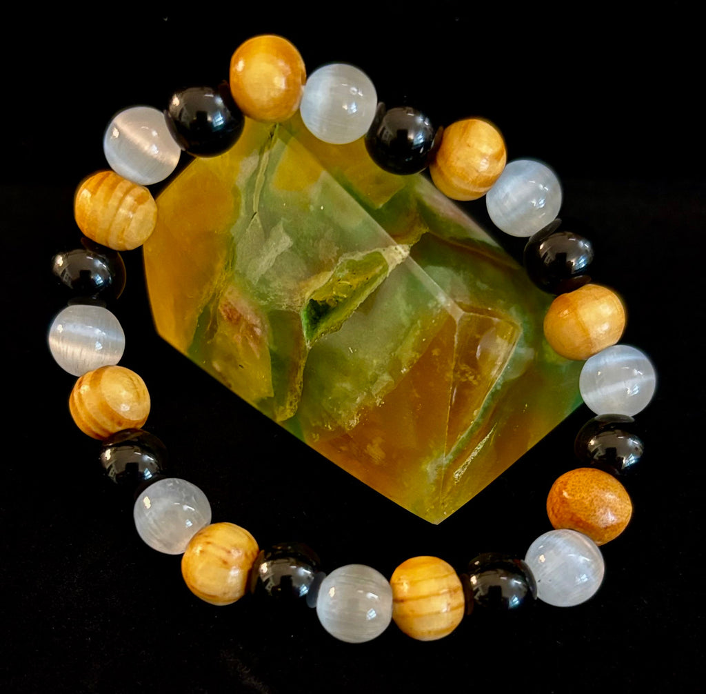 Selenite, Black Tourmaline & Palo Santo Bracelet – Protection & Cleansing for Small Wrists | | Wiccan Center