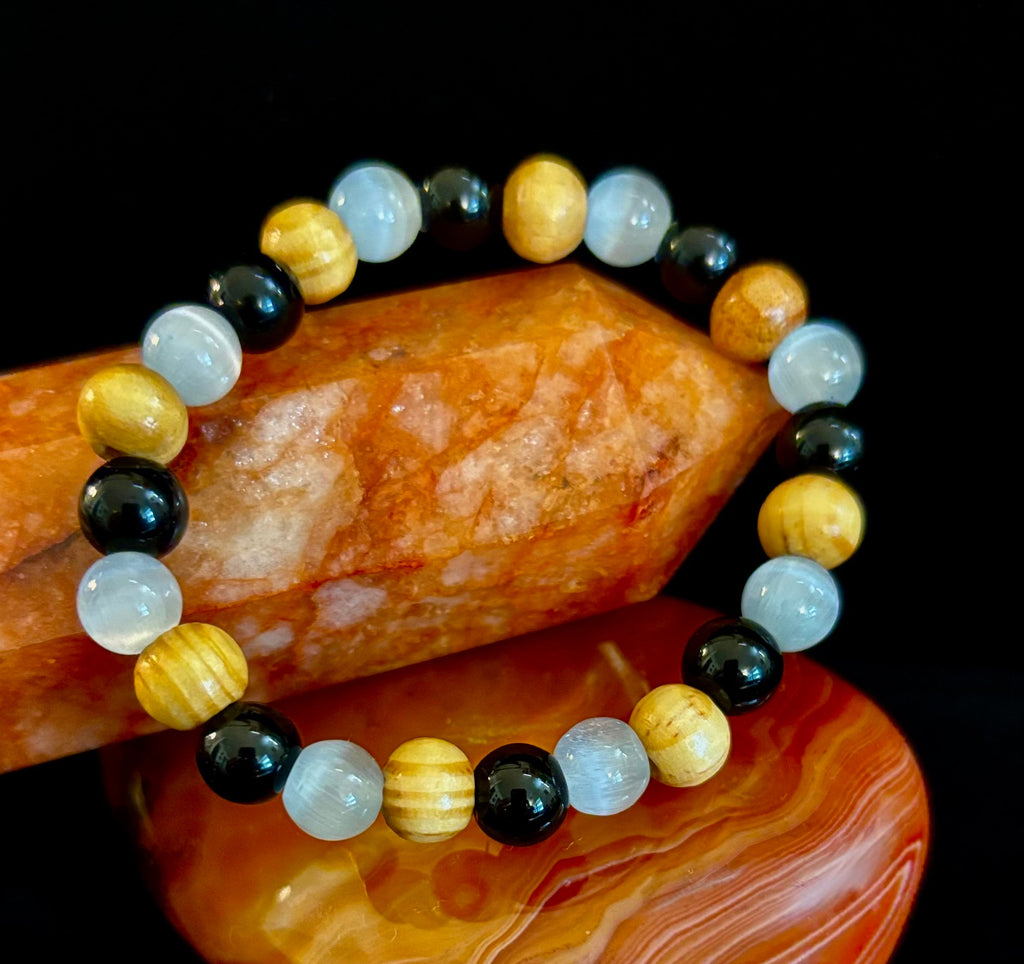 Selenite, Black Tourmaline & Palo Santo Bracelet – Protection & Cleansing for Small Wrists | | Wiccan Center