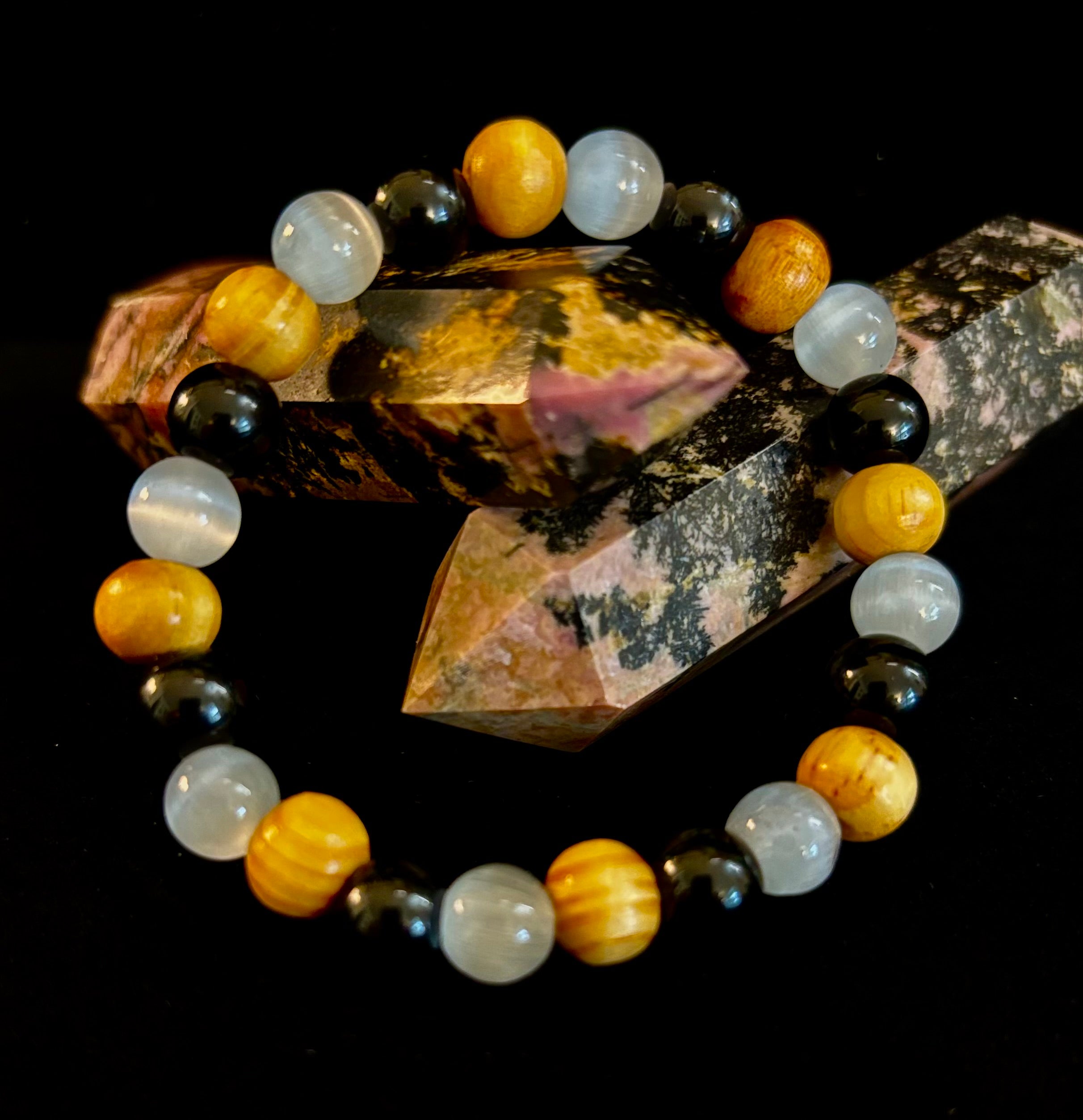 Selenite, Black Tourmaline & Palo Santo Bracelet – Protection & Cleansing for Small Wrists | | Wiccan Center