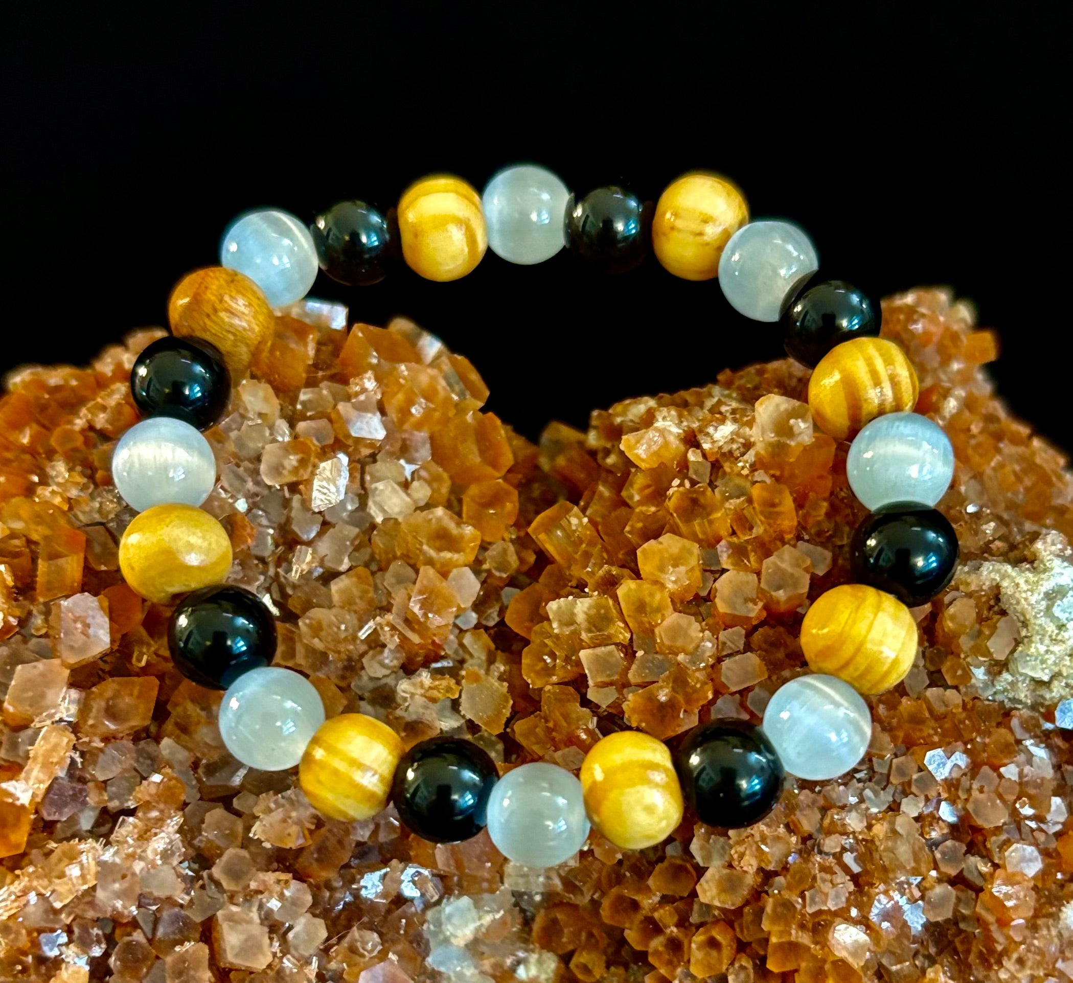 Selenite, Black Tourmaline & Palo Santo Bracelet – Protection & Cleansing for Small Wrists | | Wiccan Center