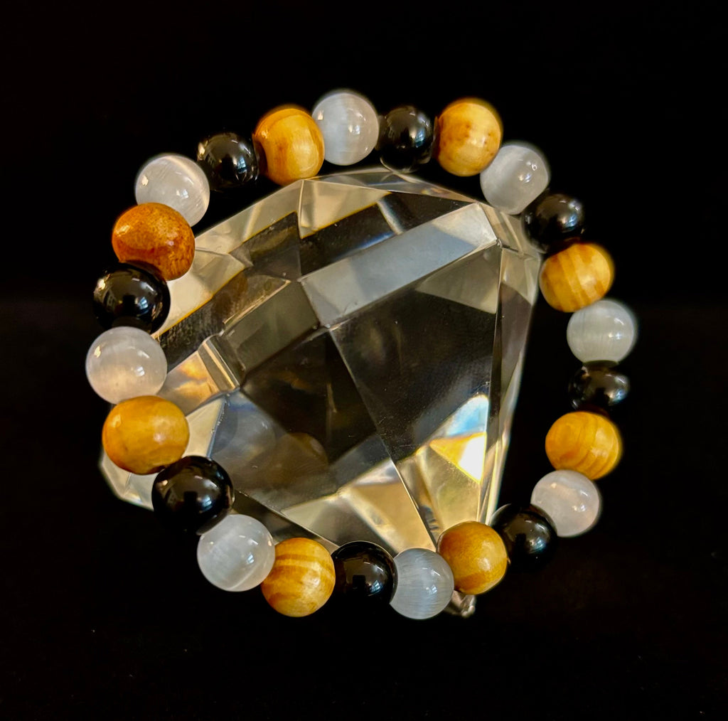 Selenite, Black Tourmaline & Palo Santo Bracelet – Protection & Cleansing for Small Wrists | | Wiccan Center
