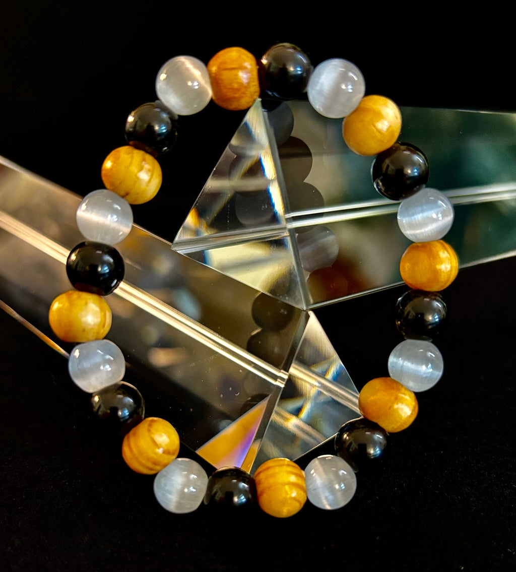 Selenite, Black Tourmaline & Palo Santo Bracelet – Protection & Cleansing for Small Wrists | | Wiccan Center