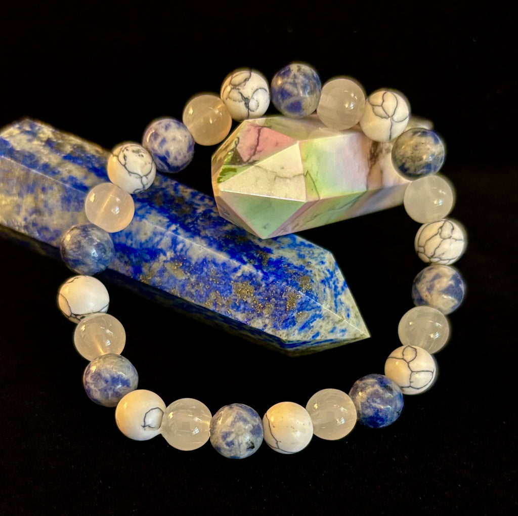 Lapis Lazuli, White Turquoise & Selenite Beaded Bracelet – Protection, Grounding & Spiritual Clarity | | Wiccan Center