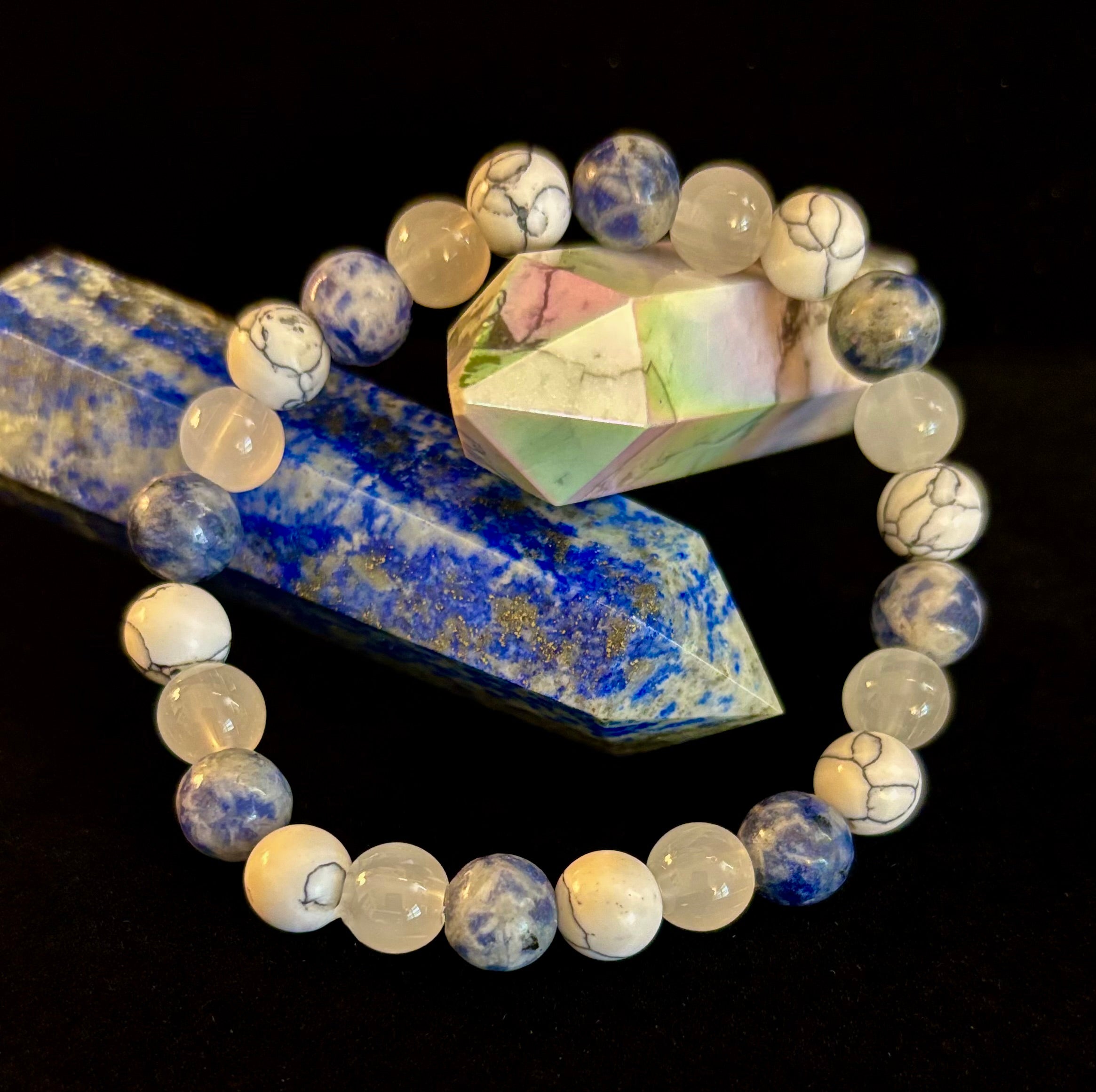 Lapis Lazuli, White Turquoise & Selenite Beaded Bracelet – Protection, Grounding & Spiritual Clarity | | Wiccan Center