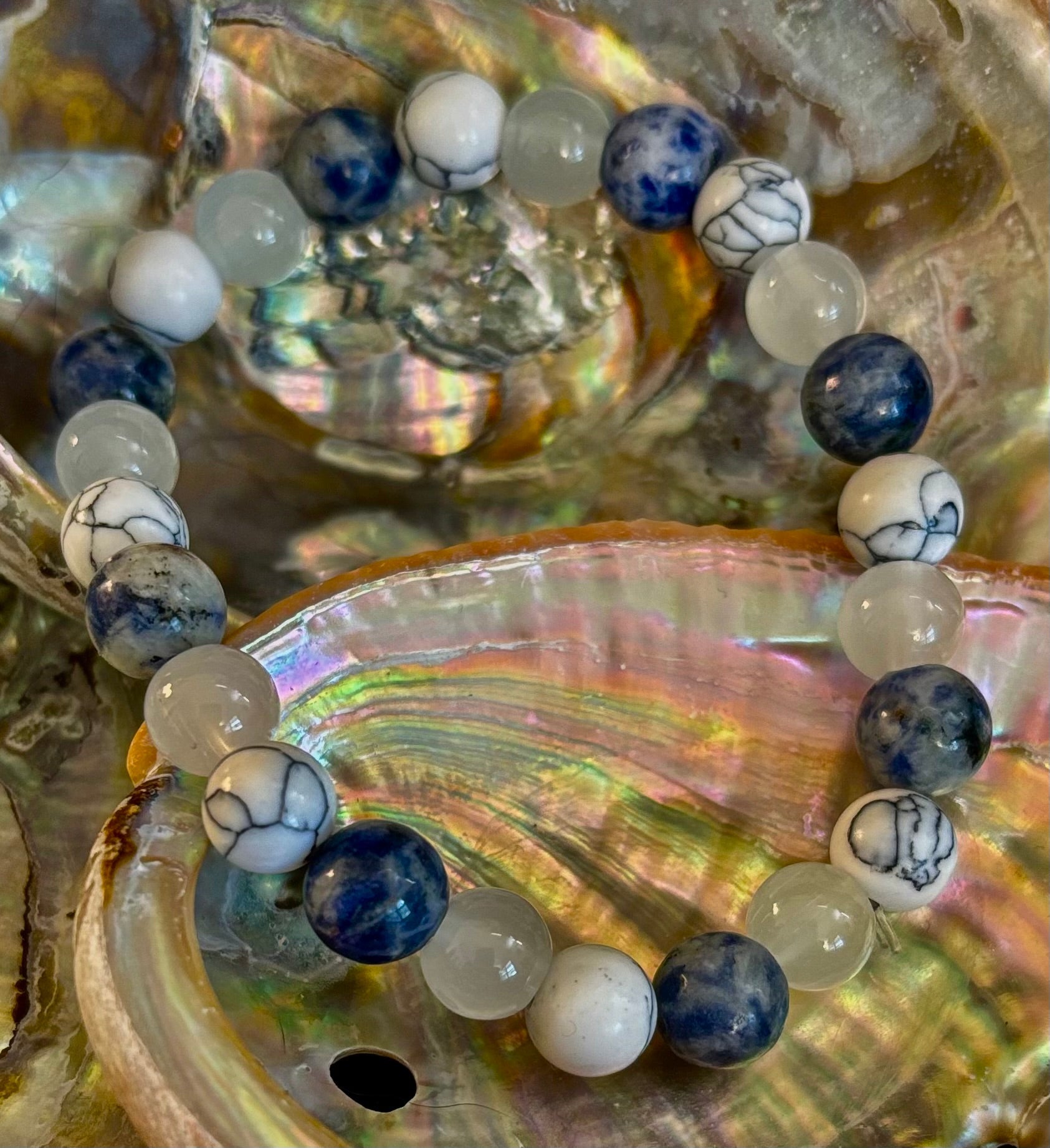 Lapis Lazuli, White Turquoise & Selenite Beaded Bracelet – Protection, Grounding & Spiritual Clarity | | Wiccan Center