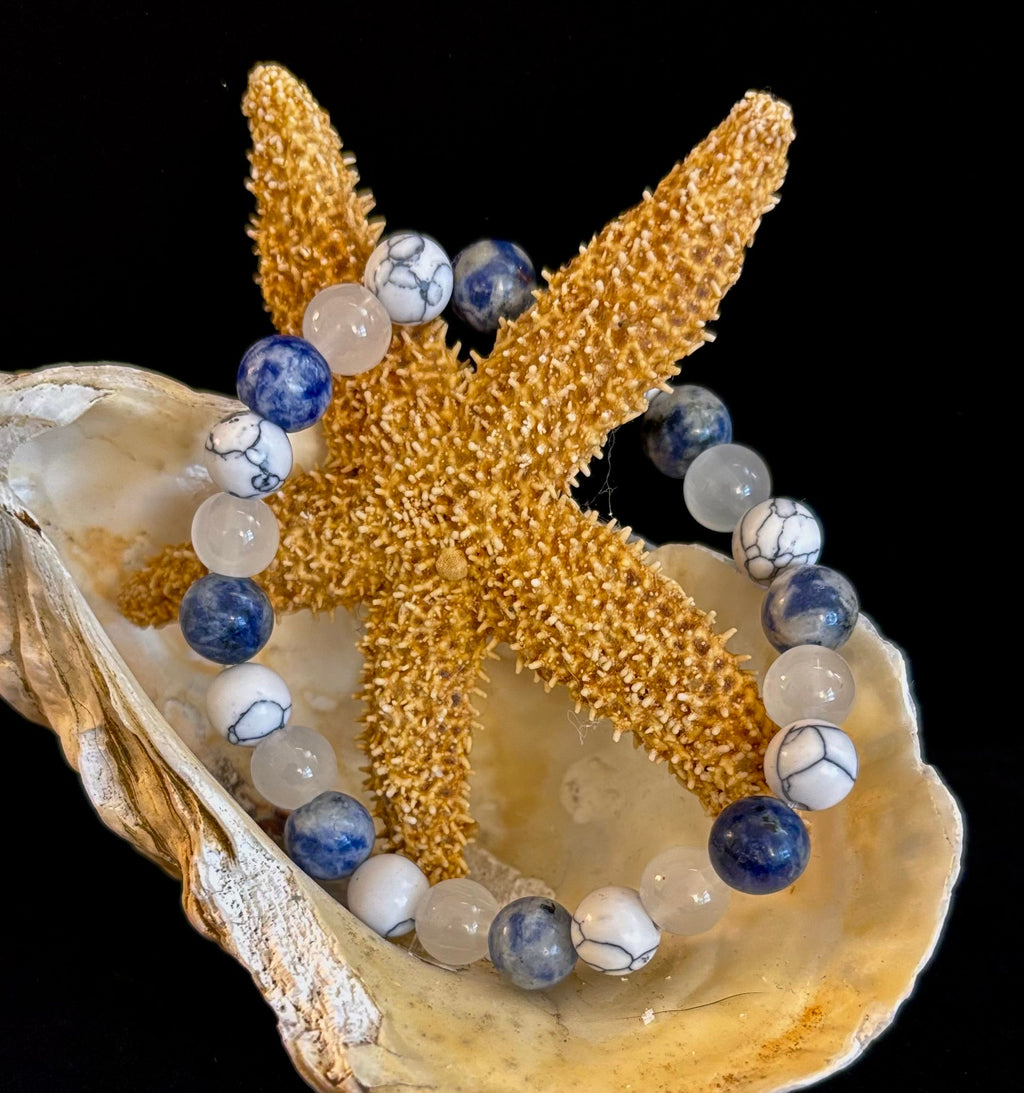 Lapis Lazuli, White Turquoise & Selenite Beaded Bracelet – Protection, Grounding & Spiritual Clarity | | Wiccan Center