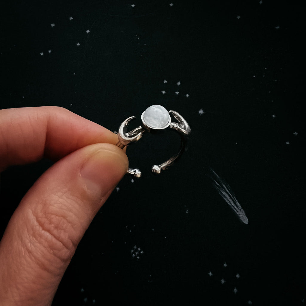 Lunar Witch Crescent Moon Ring with Rainbow Moonstone | Ring | Wiccan Center