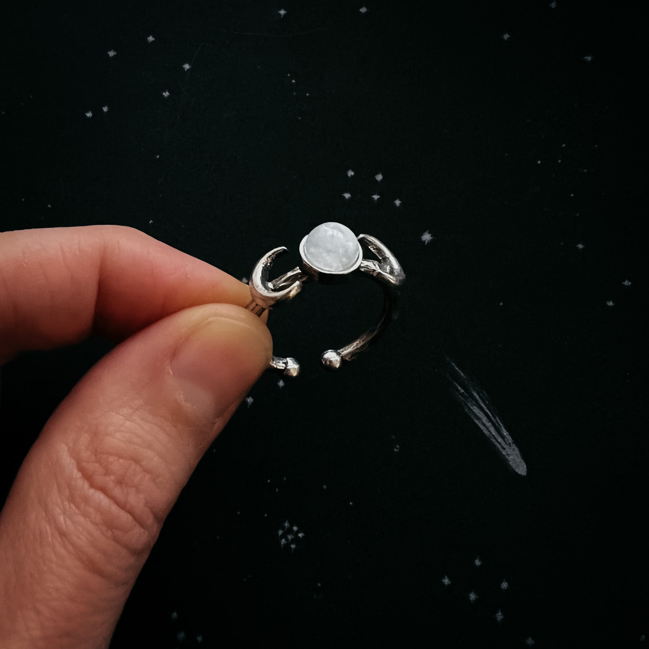 Lunar Witch Crescent Moon Ring with Rainbow Moonstone | Ring | Wiccan Center