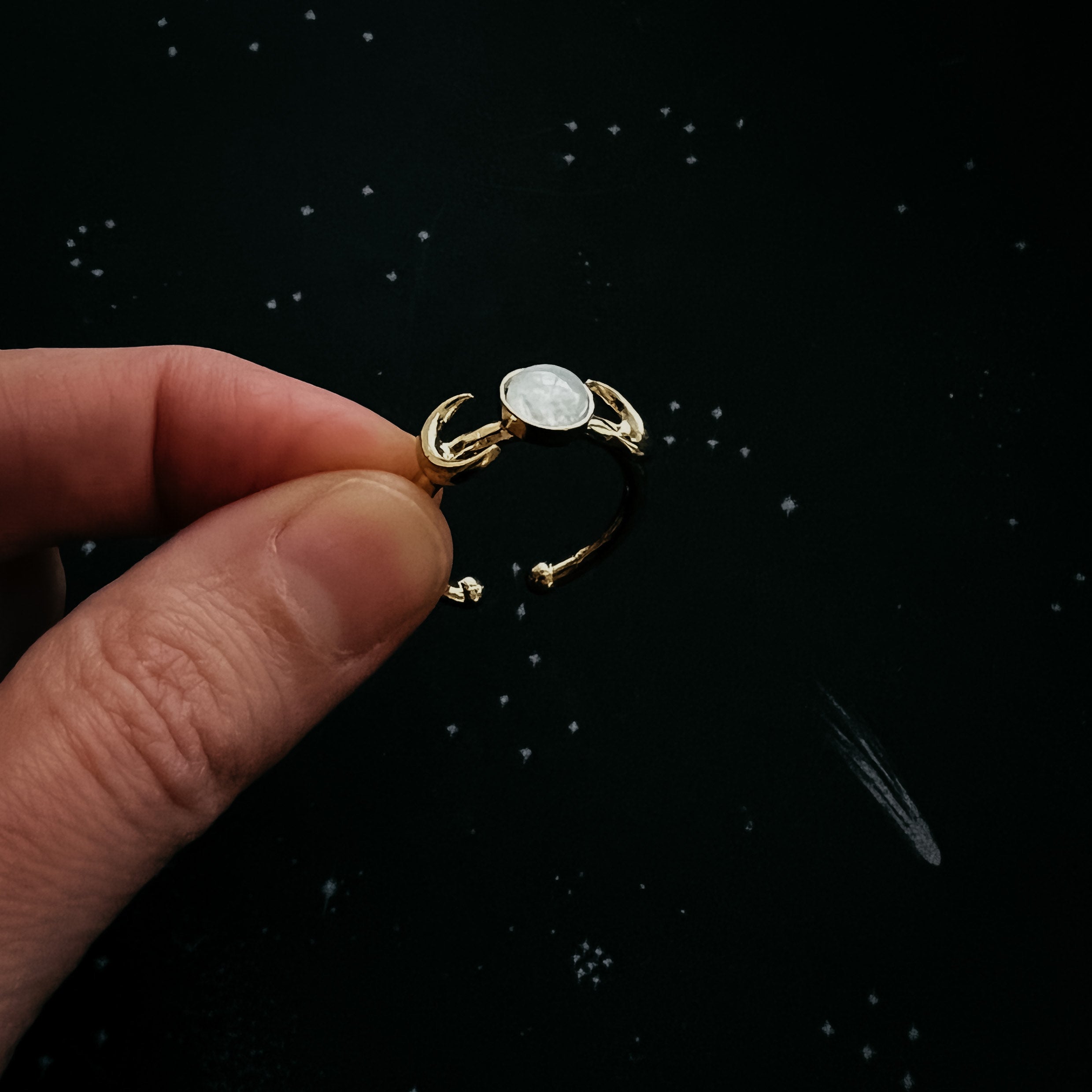 Lunar Witch Crescent Moon Ring with Rainbow Moonstone | Ring | Wiccan Center