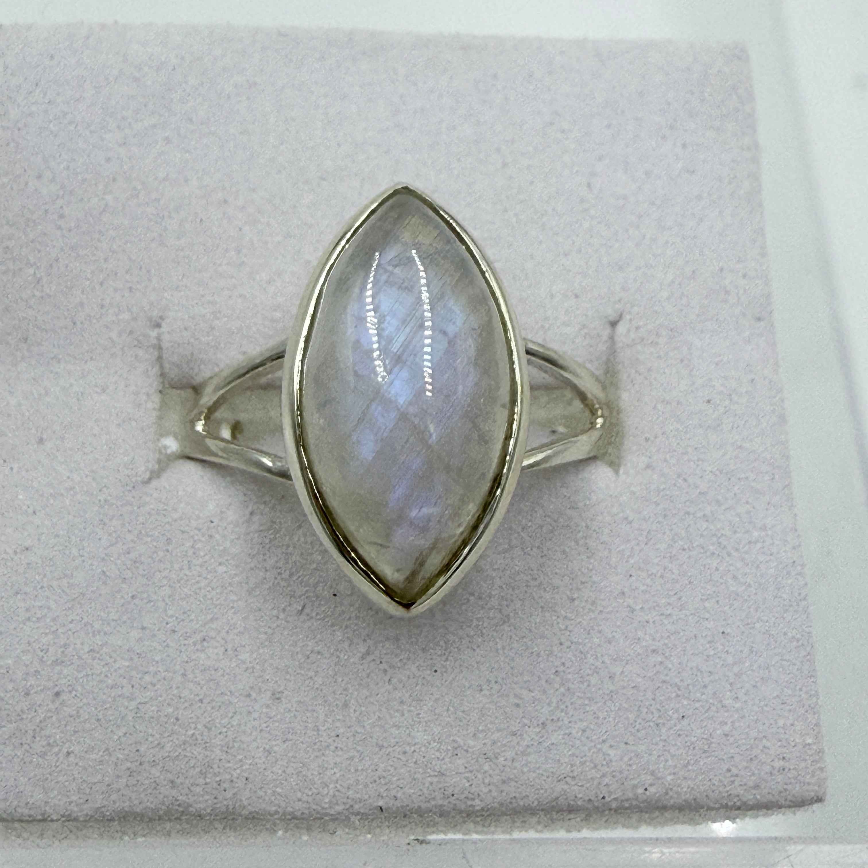 Sterling Silver Rainbow Moonstone Marquise Ring – Size 8 – Intuition, Divine Feminine & New Beginnings | Rings | Wiccan Center