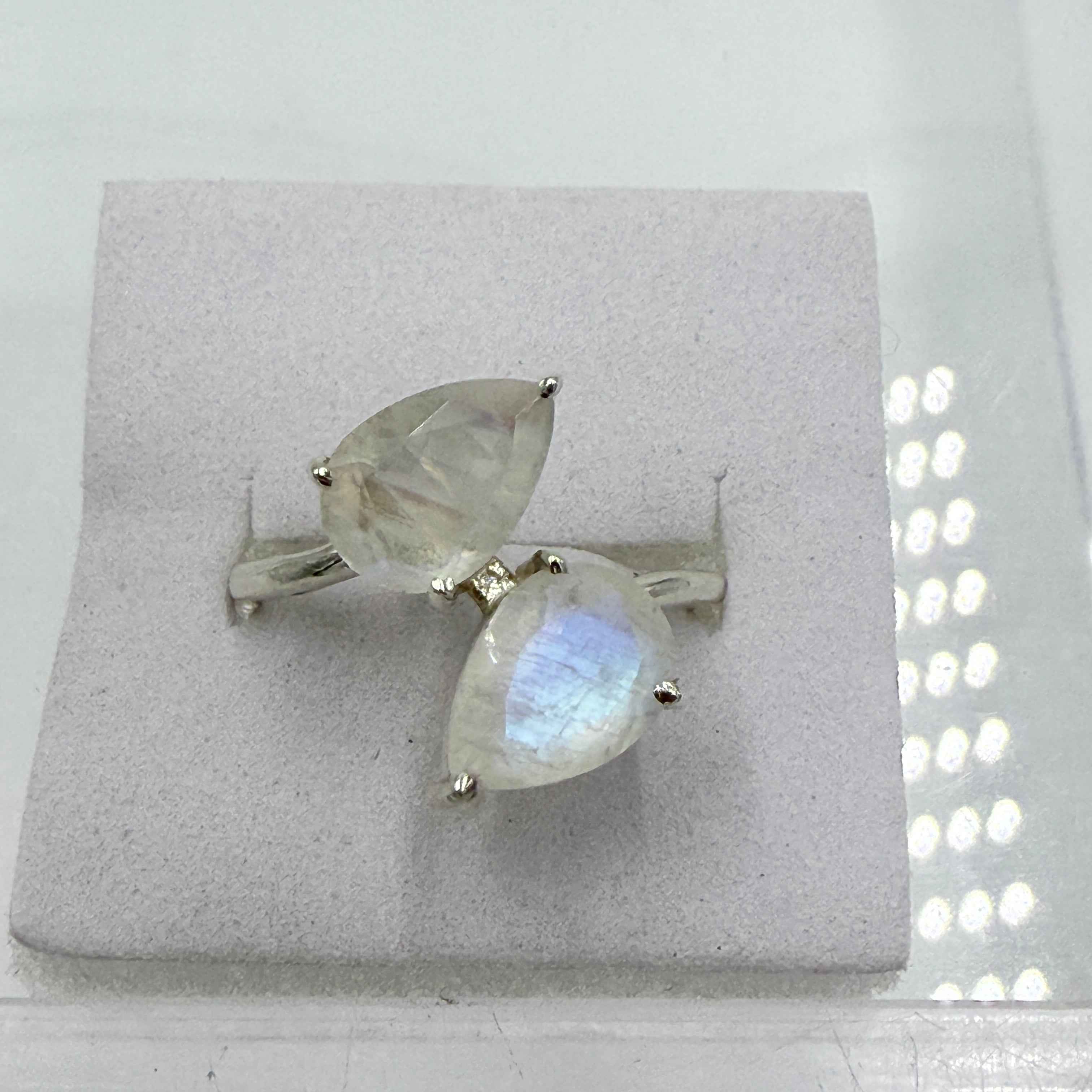 Sterling Silver Rainbow Moonstone Double Pear Ring – Size 8 – Intuition, Balance & New Beginnings | Rings | Wiccan Center