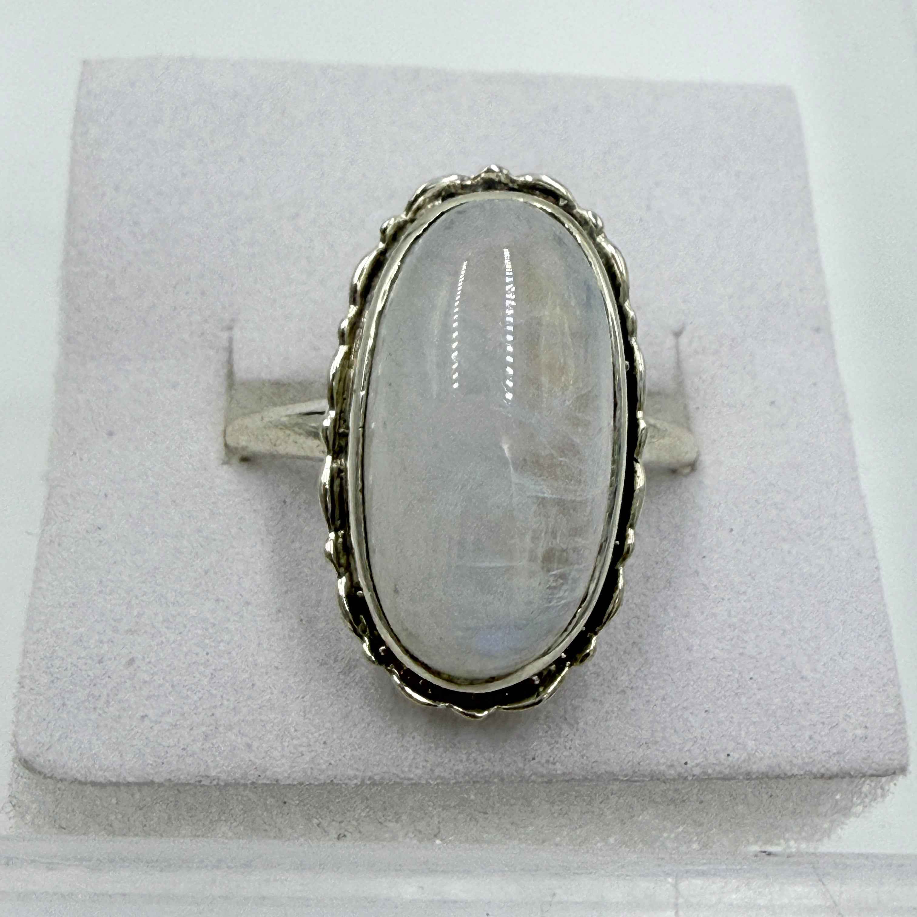 Sterling Silver Rainbow Moonstone Horizontal Oval Beaded Ring – Size 9 – Intuition, Emotional Balance & New Beginnings | Rings | Wiccan Center