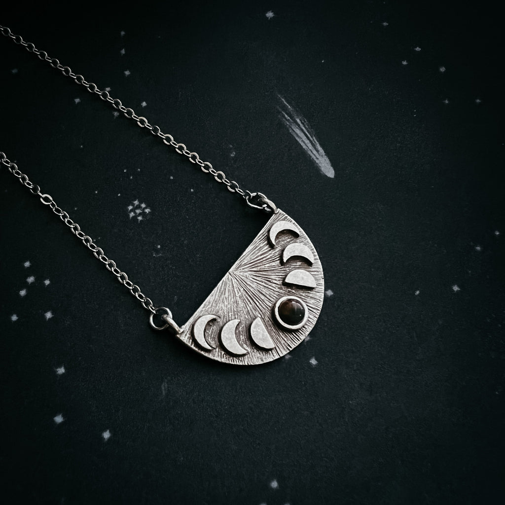 Lunar Eclipse Half Circle Pendant Necklace with Moon Phases and Black Opal | Necklace | Wiccan Center