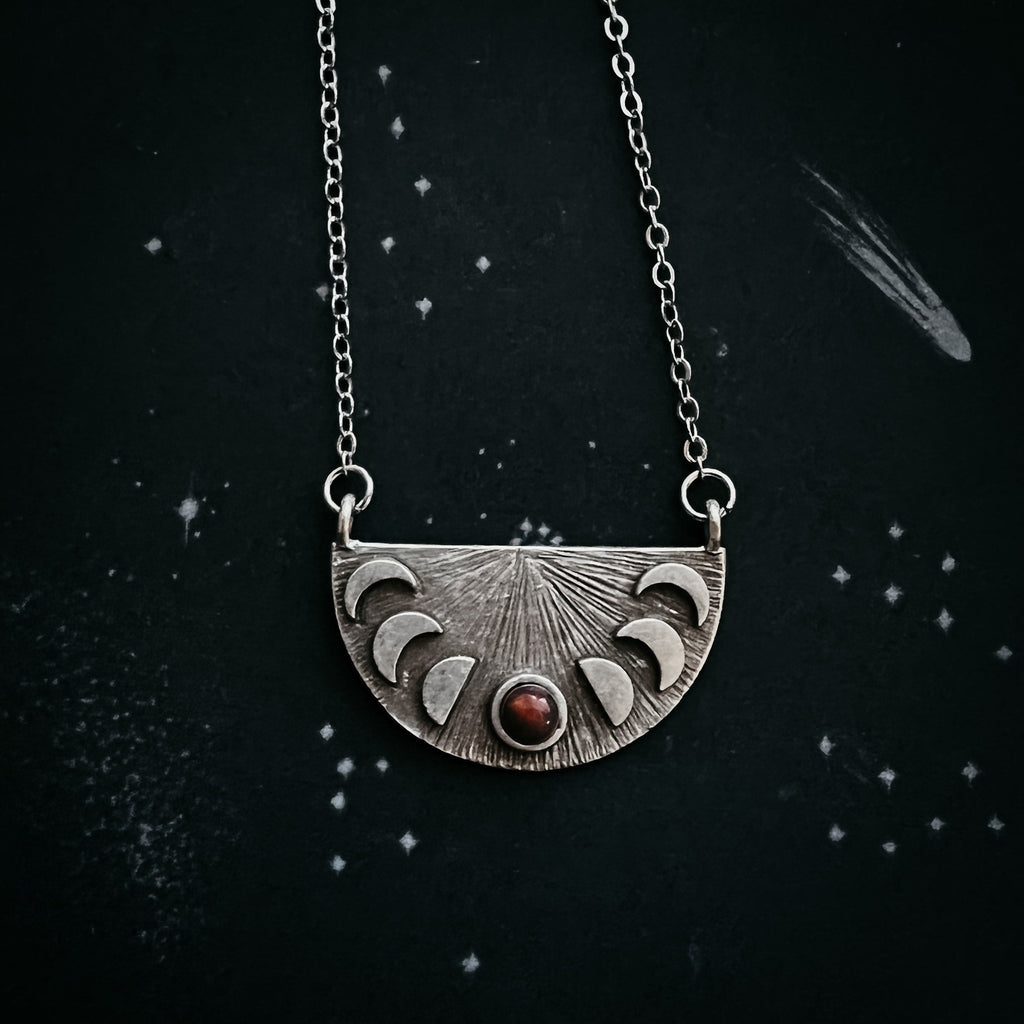 Lunar Eclipse Half Circle Pendant Necklace with Moon Phases and Black Opal | Necklace | Wiccan Center