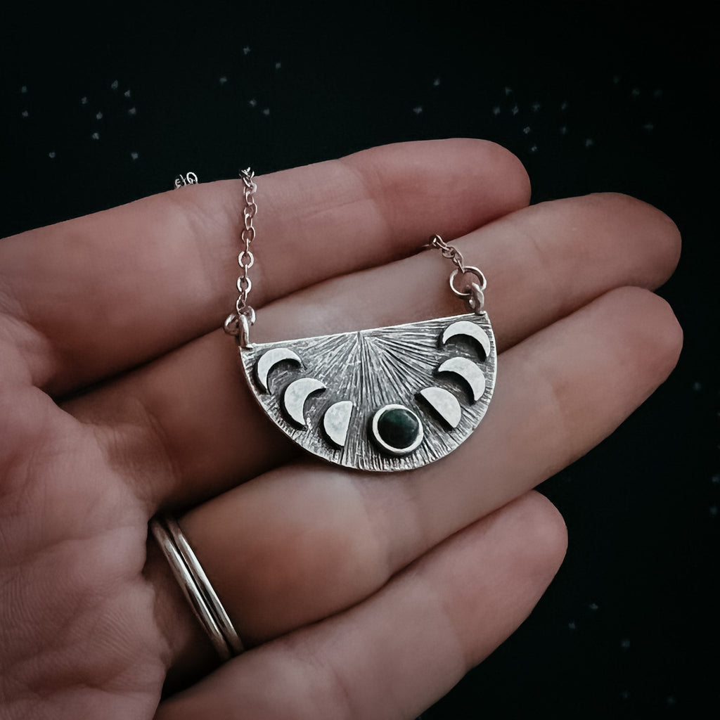Lunar Eclipse Half Circle Pendant Necklace with Moon Phases and Black Opal | Necklace | Wiccan Center