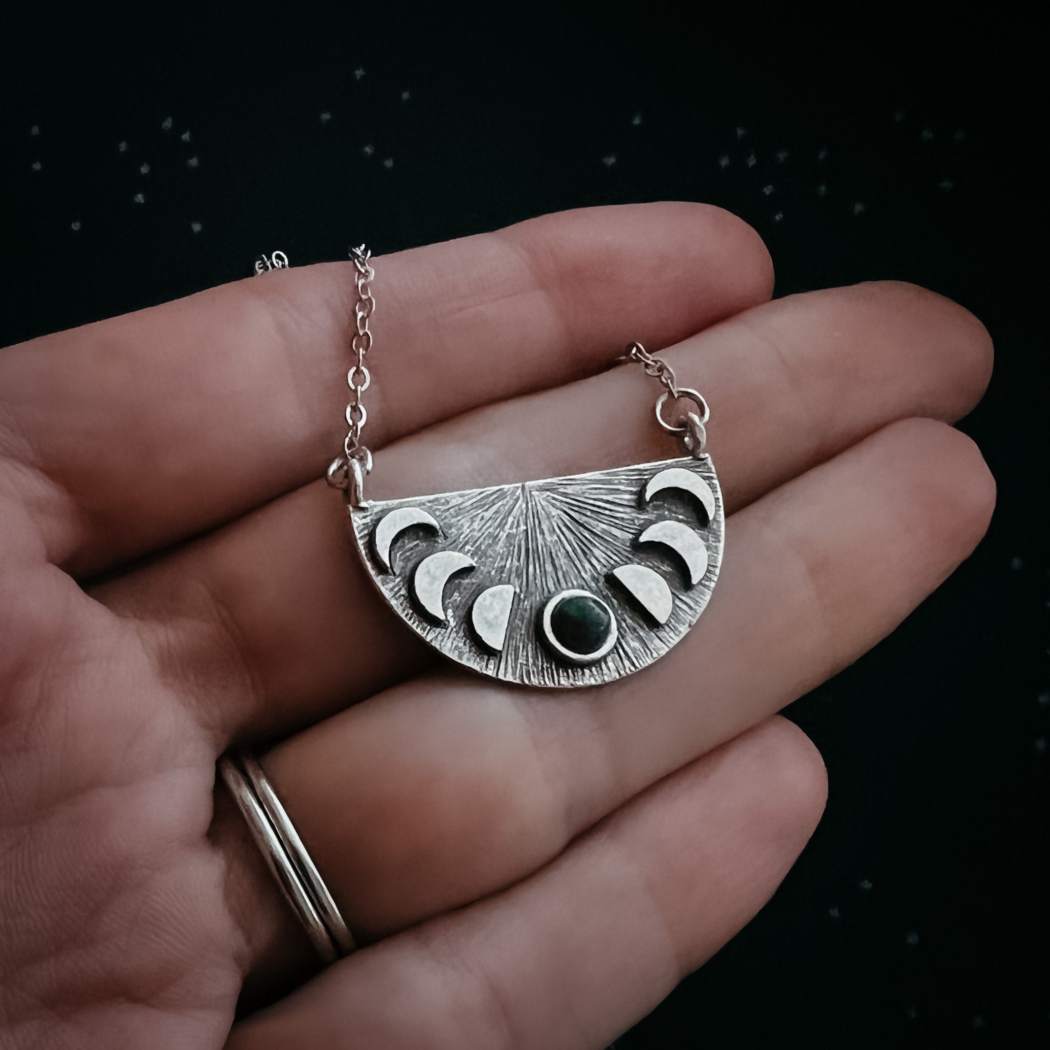 Lunar Eclipse Half Circle Pendant Necklace with Moon Phases and Black Opal | Necklace | Wiccan Center