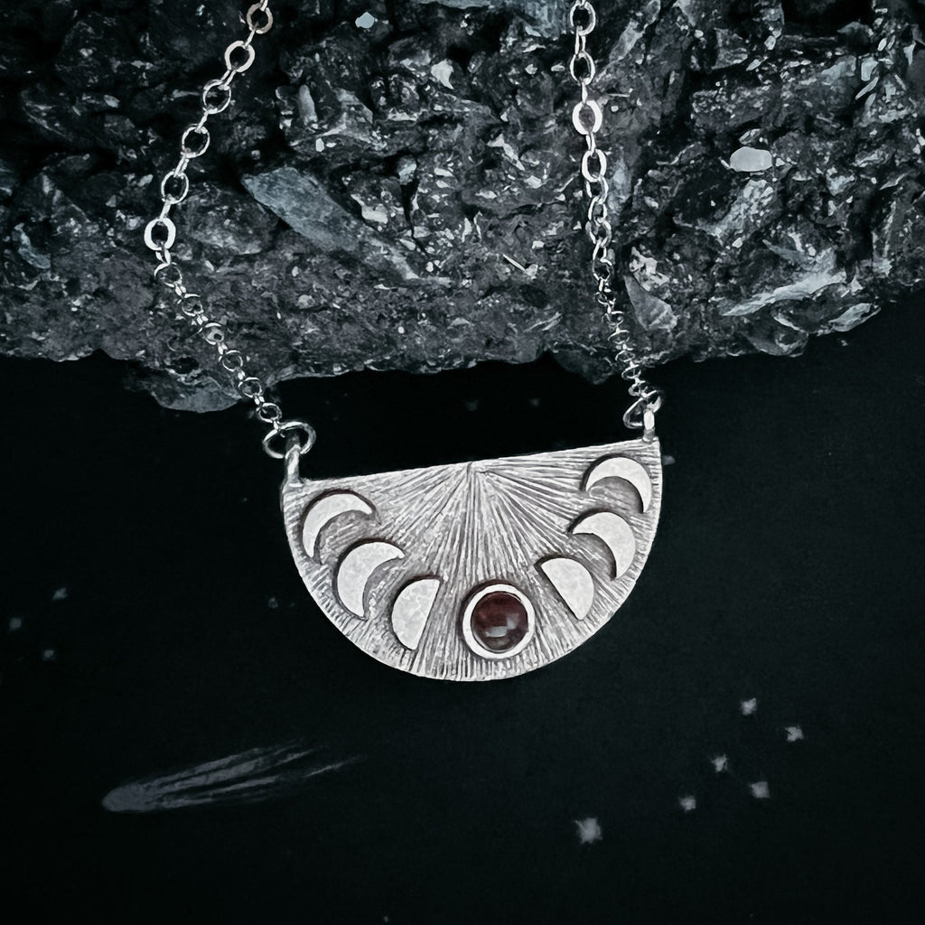 Lunar Eclipse Half Circle Pendant Necklace with Moon Phases and Black Opal | Necklace | Wiccan Center