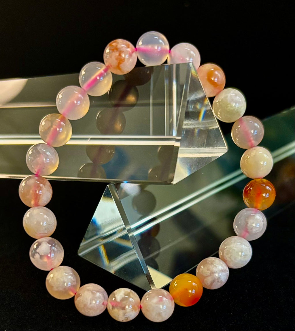 Pink Flower Agate (Cherry Agate) Bracelet – 8mm Beads, Small to Medium Wrists | | Wiccan Center