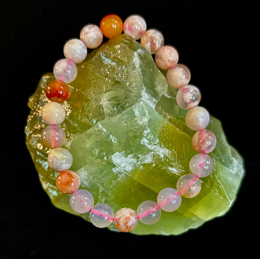 Pink Flower Agate (Cherry Agate) Bracelet – 8mm Beads, Small to Medium Wrists | | Wiccan Center