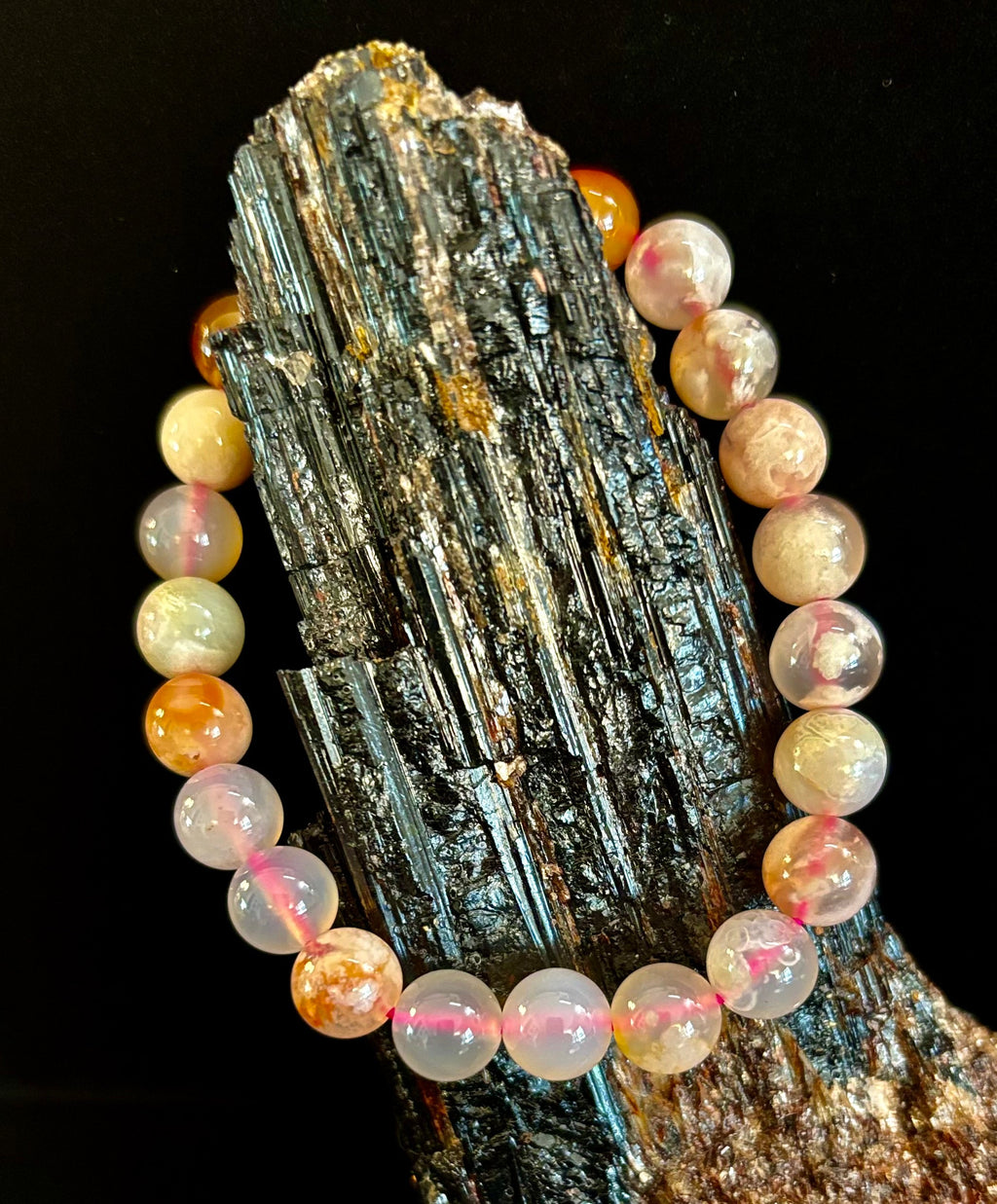 Pink Flower Agate (Cherry Agate) Bracelet – 8mm Beads, Small to Medium Wrists | | Wiccan Center
