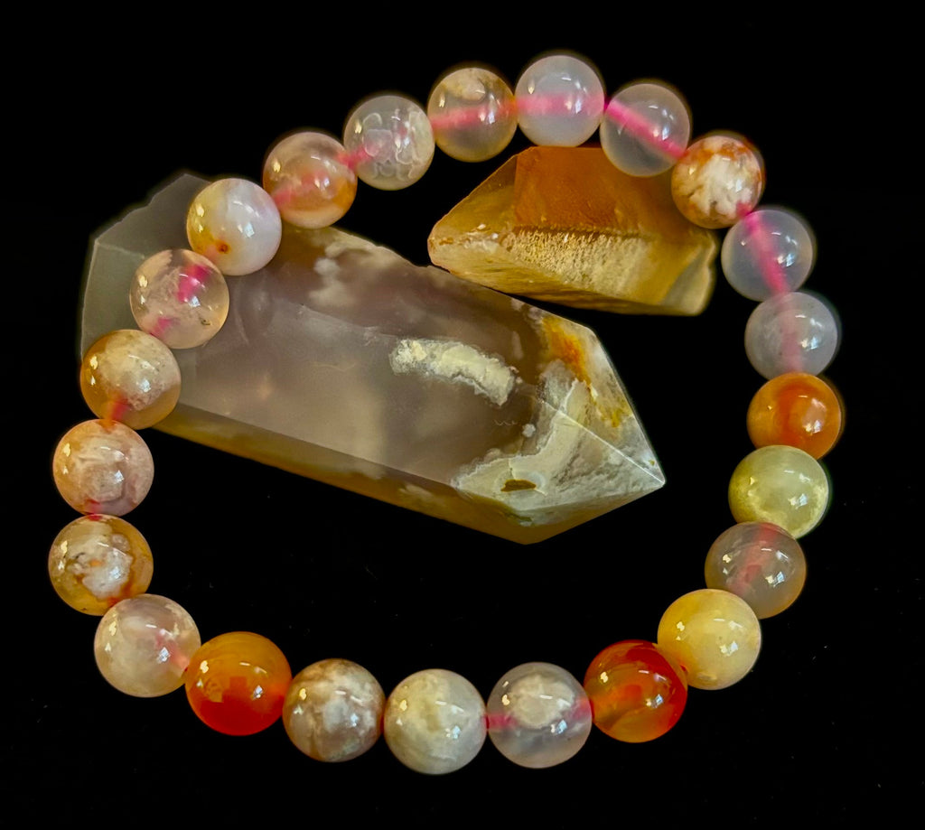 Pink Flower Agate (Cherry Agate) Bracelet – 8mm Beads, Small to Medium Wrists | | Wiccan Center