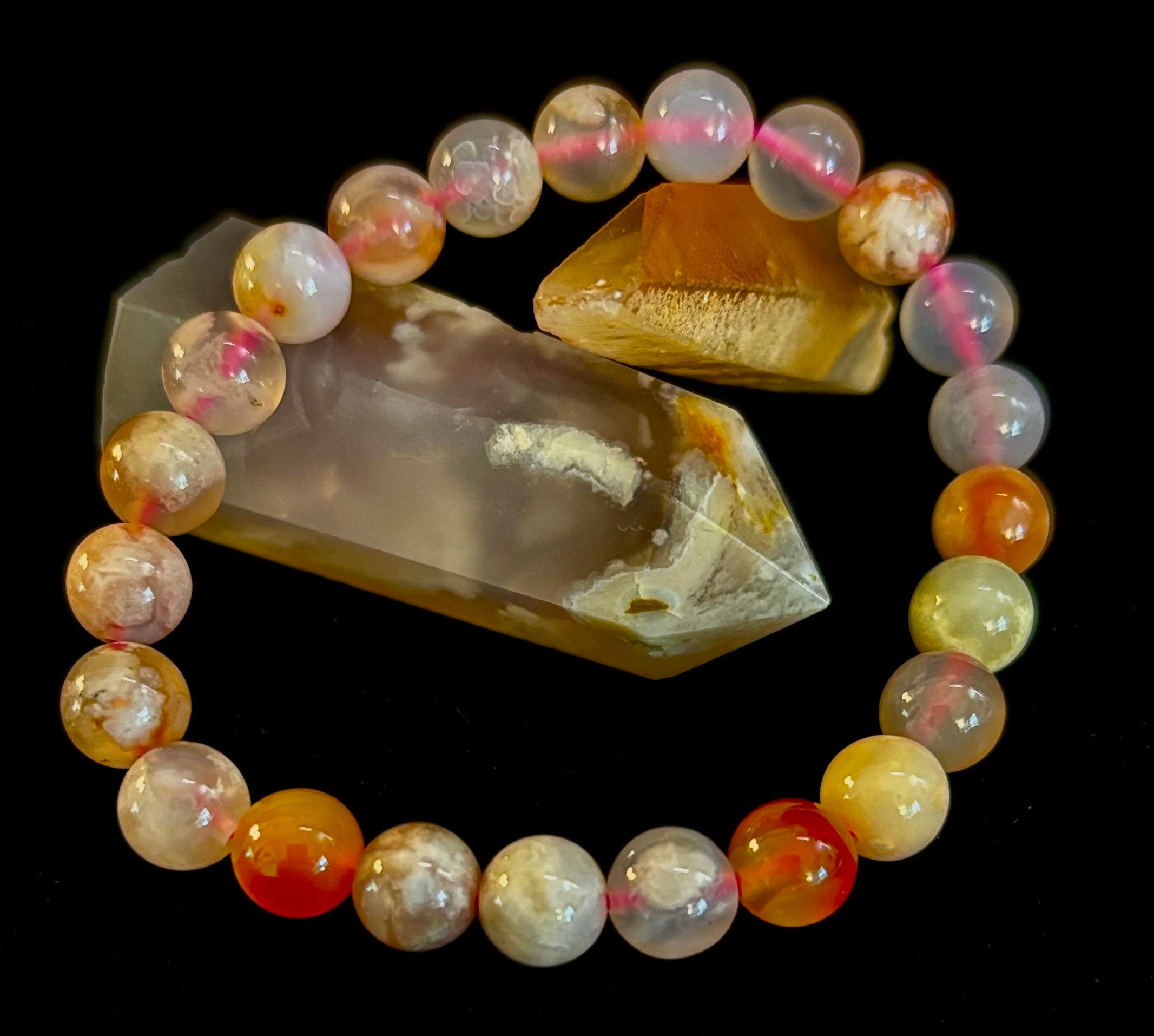 Pink Flower Agate (Cherry Agate) Bracelet – 8mm Beads, Small to Medium Wrists | | Wiccan Center