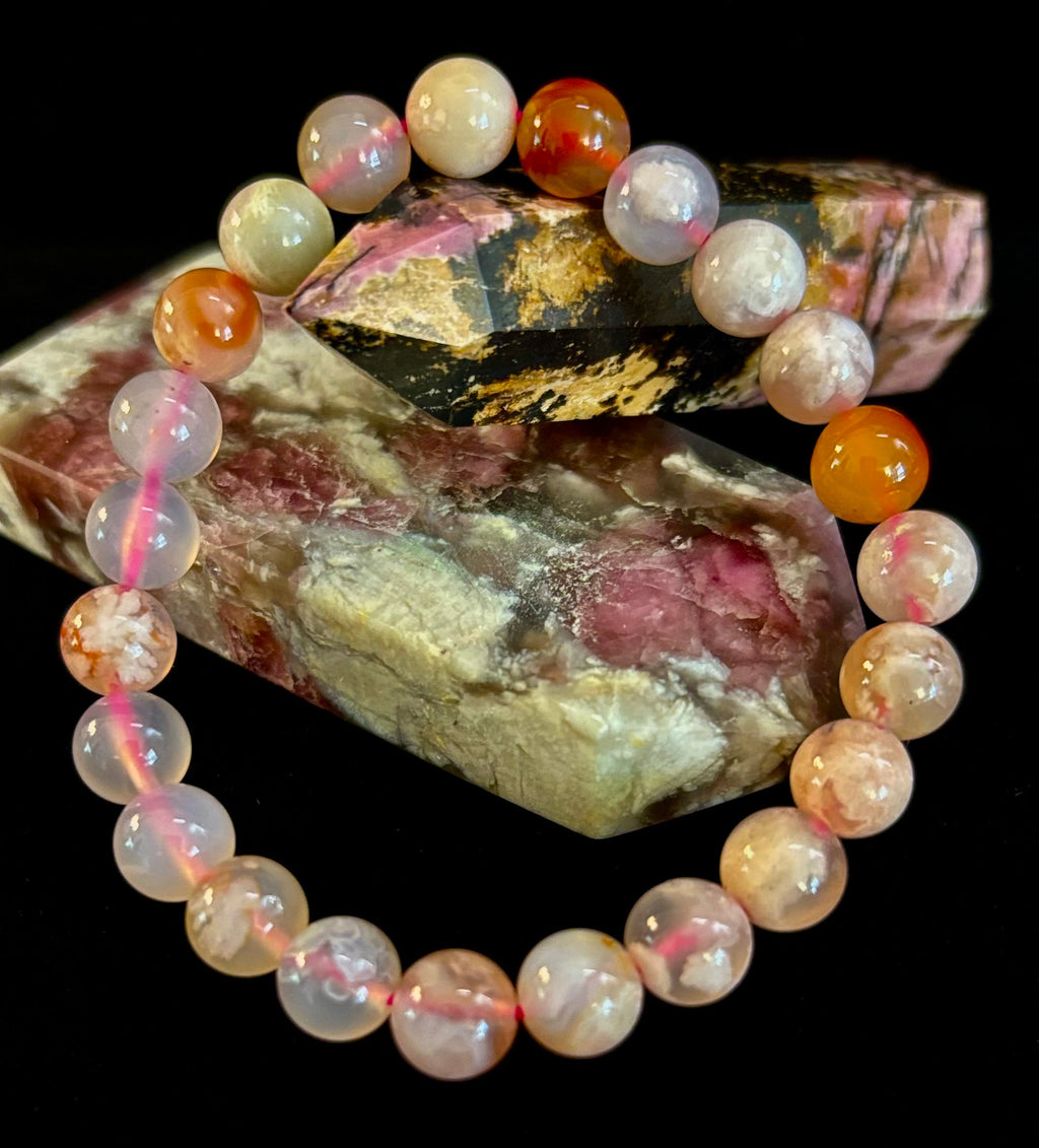 Pink Flower Agate (Cherry Agate) Bracelet – 8mm Beads, Small to Medium Wrists | | Wiccan Center