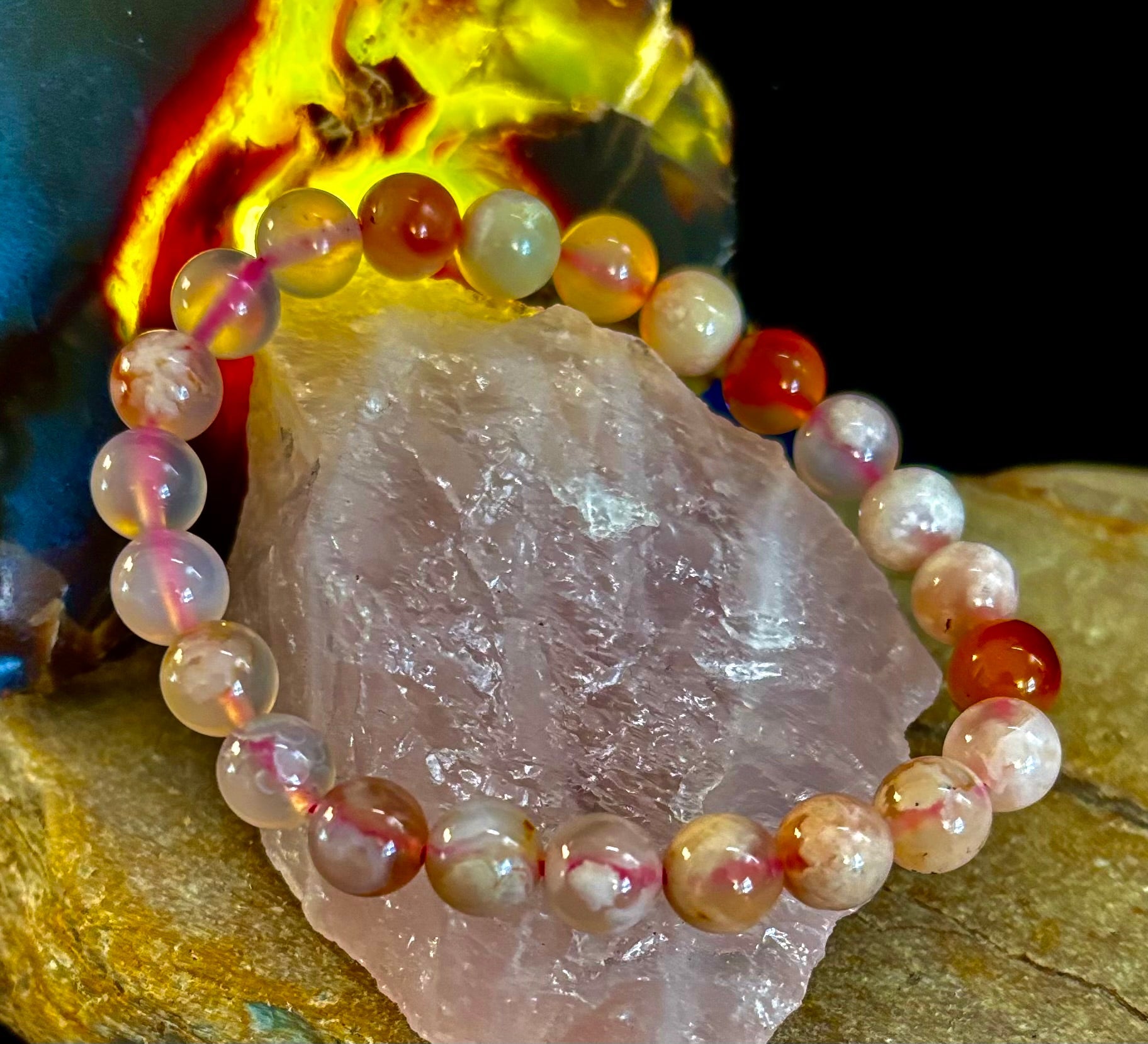 Pink Flower Agate (Cherry Agate) Bracelet – 8mm Beads, Small to Medium Wrists | | Wiccan Center