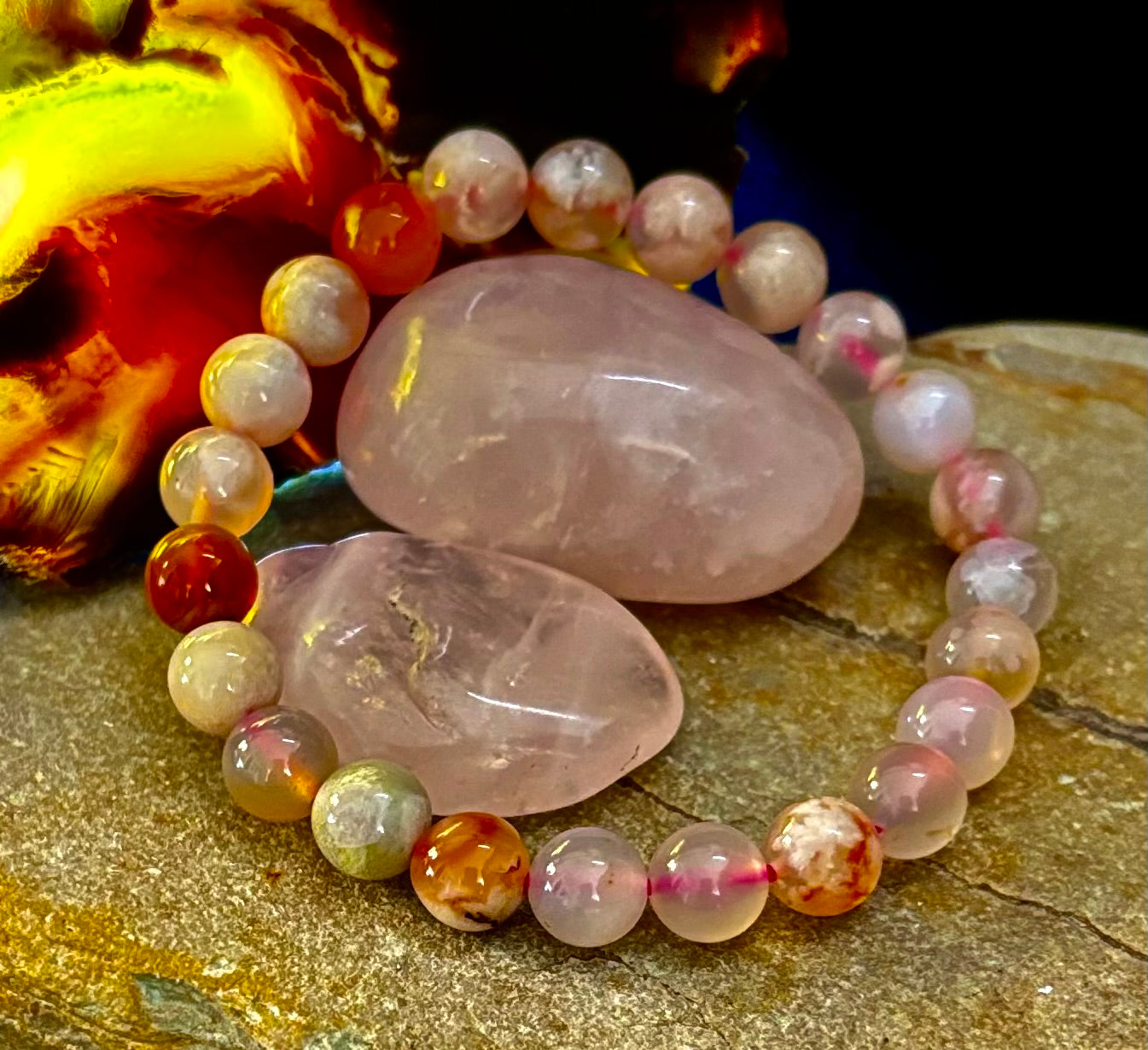 Pink Flower Agate (Cherry Agate) Bracelet – 8mm Beads, Small to Medium Wrists | | Wiccan Center