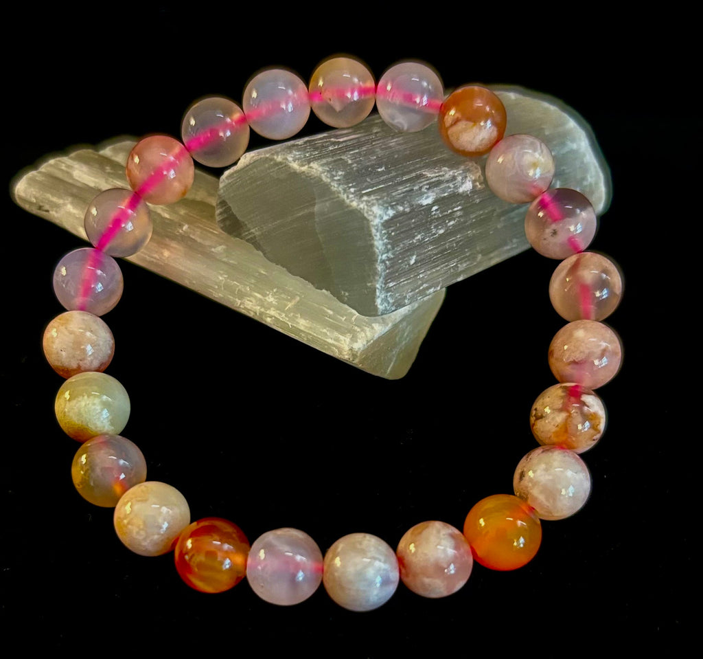 Pink Flower Agate (Cherry Agate) Bracelet – 8mm Beads, Small to Medium Wrists | | Wiccan Center
