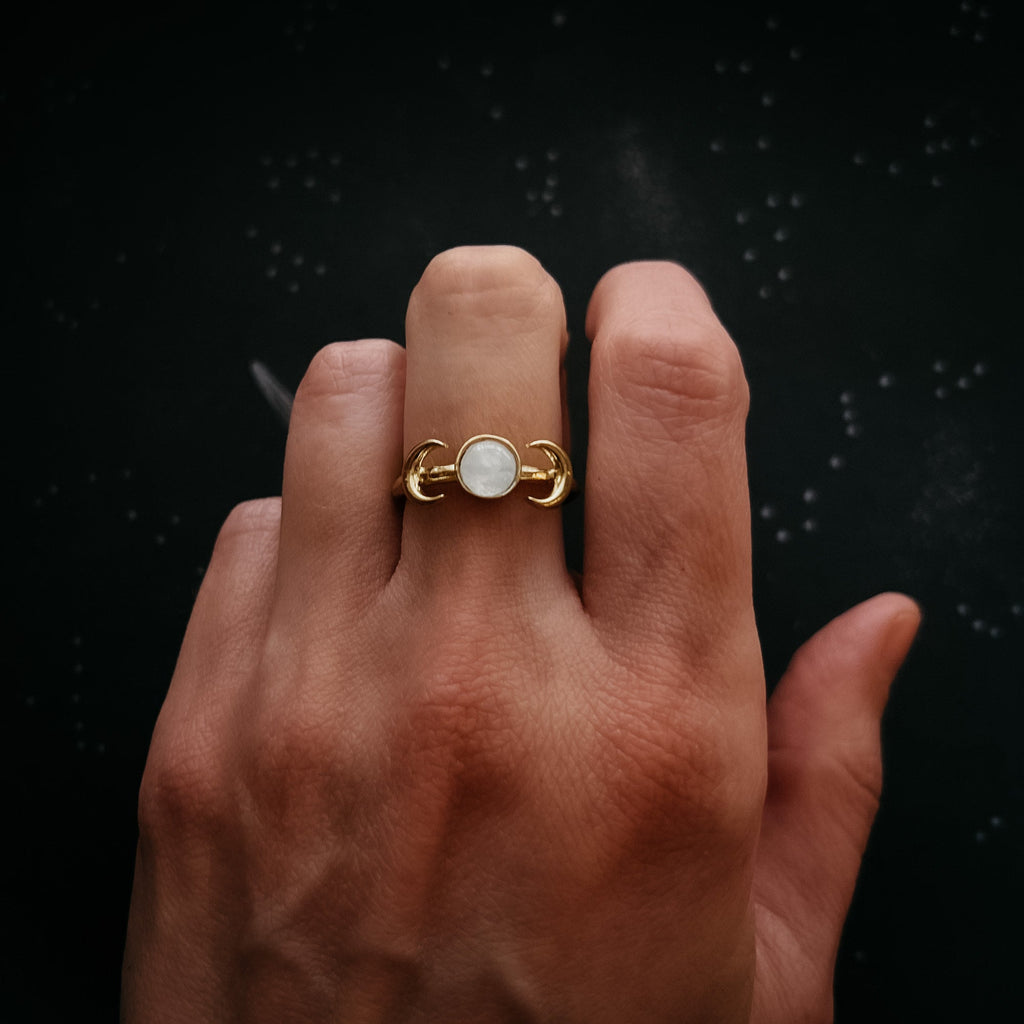 Lunar Witch Crescent Moon Ring with Rainbow Moonstone | Ring | Wiccan Center
