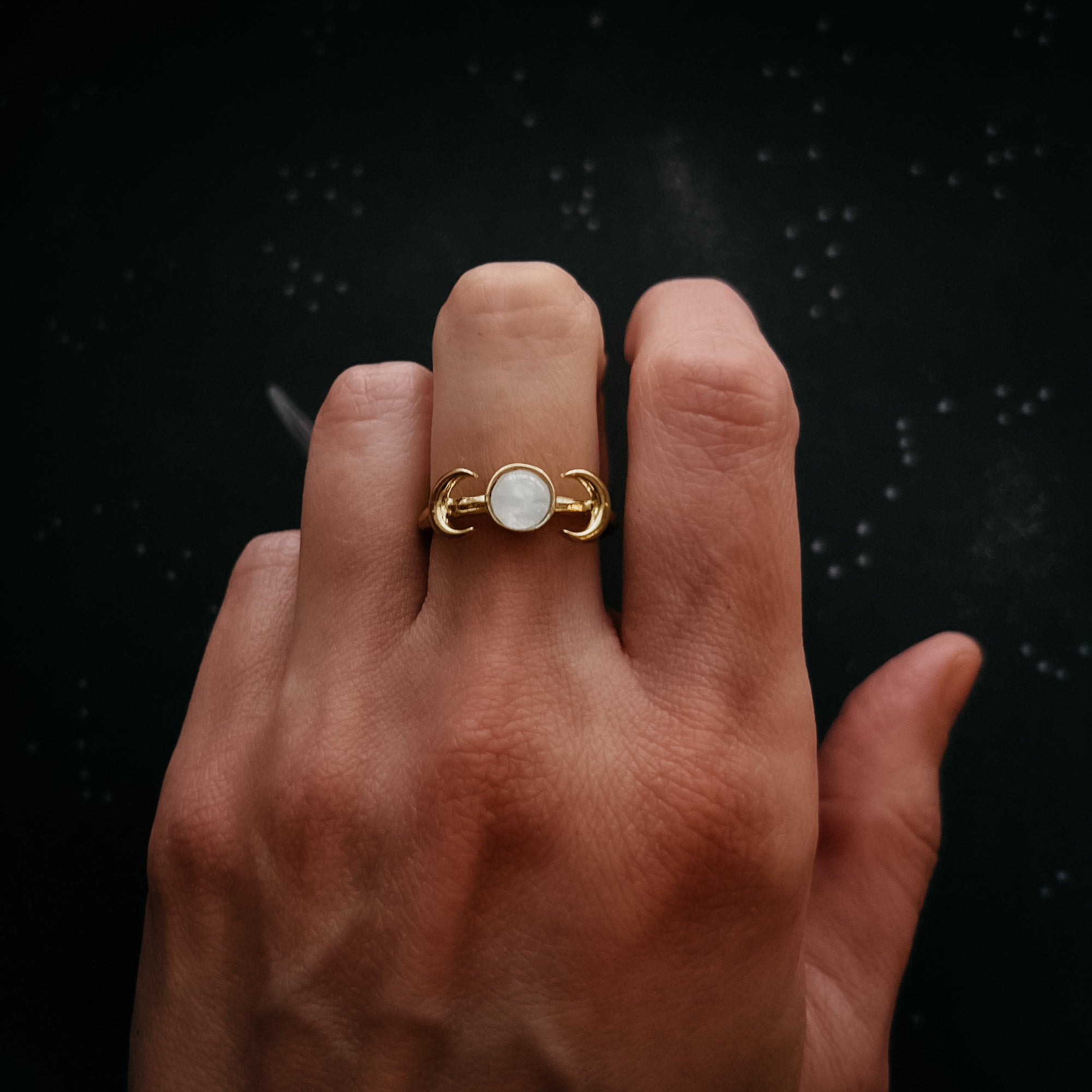 Lunar Witch Crescent Moon Ring with Rainbow Moonstone | Ring | Wiccan Center