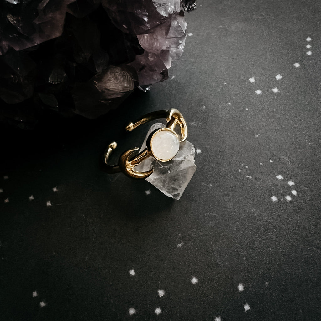 Lunar Witch Crescent Moon Ring with Rainbow Moonstone | Ring | Wiccan Center