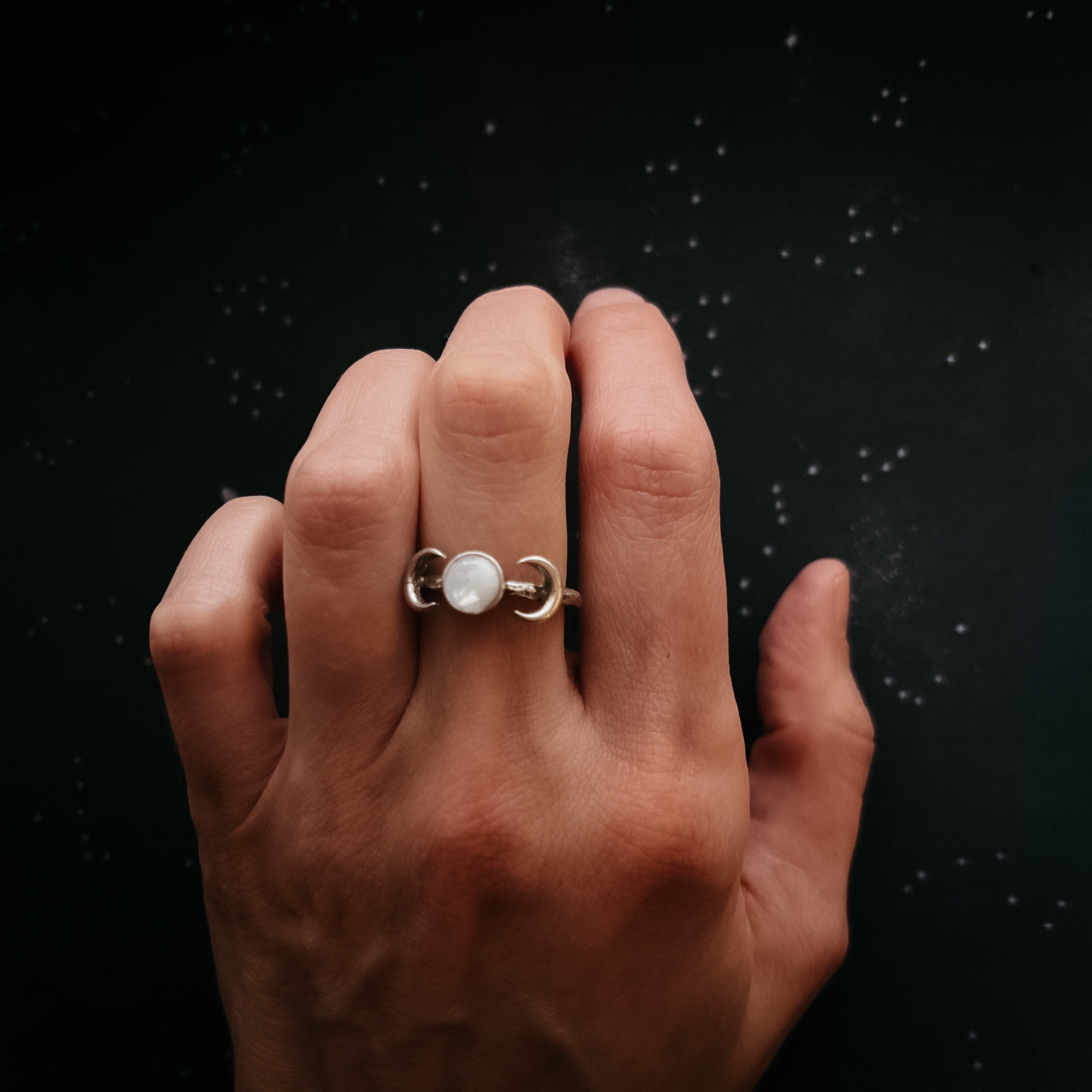 Lunar Witch Crescent Moon Ring with Rainbow Moonstone | Ring | Wiccan Center