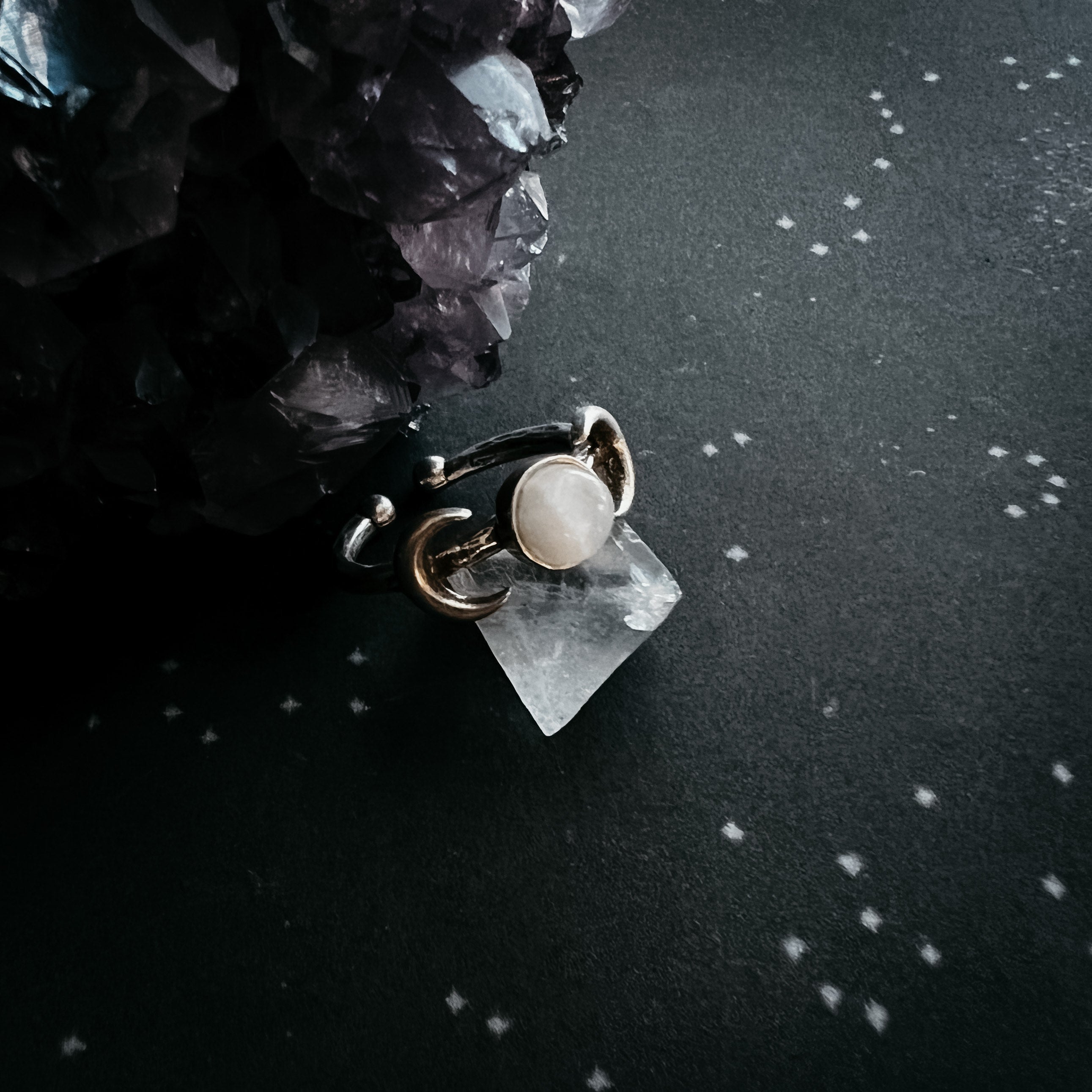 Lunar Witch Crescent Moon Ring with Rainbow Moonstone | Ring | Wiccan Center