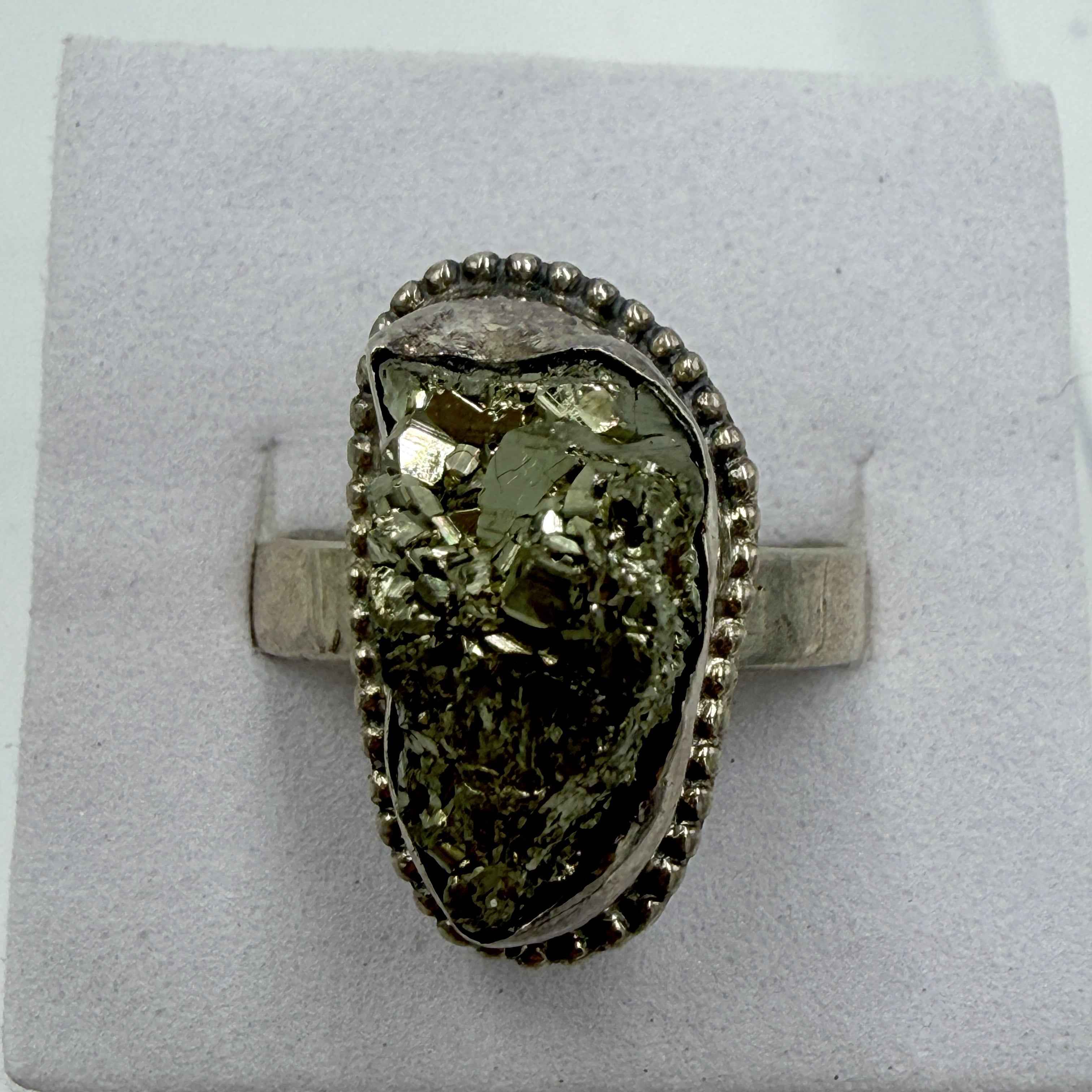 Sterling Silver Oval Pyrite Beaded-Edge Ring – Size 9 – Protection, Confidence & Grounding | Rings | Wiccan Center