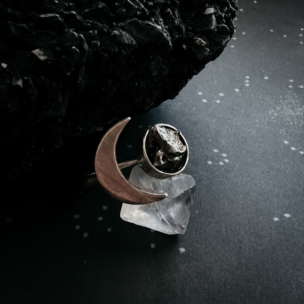 Crescent Moon Wrap Ring with Authentic Meteorite | Ring | Wiccan Center