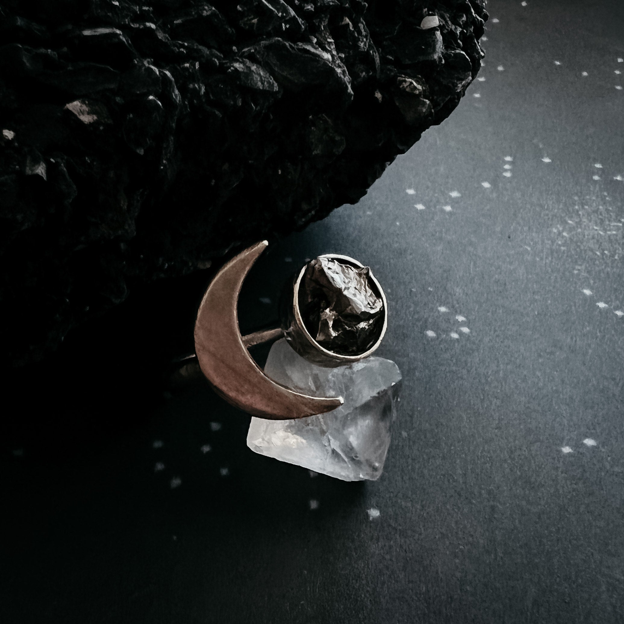 Crescent Moon Wrap Ring with Authentic Meteorite | Ring | Wiccan Center